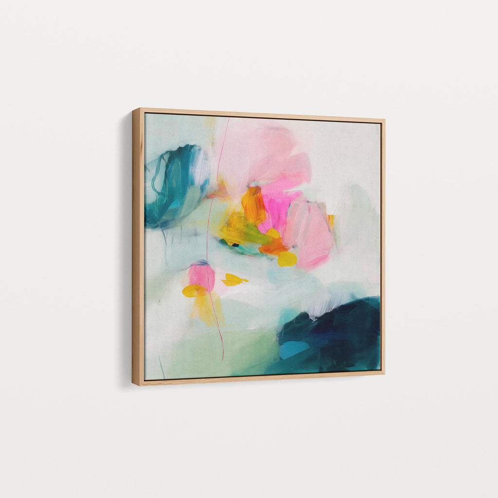 Large Pastel Abstract Canvas Wall Art in Pink, Teal, and Yellow, Framed Soft Neutral Painting for Dining Room or Entryway 454