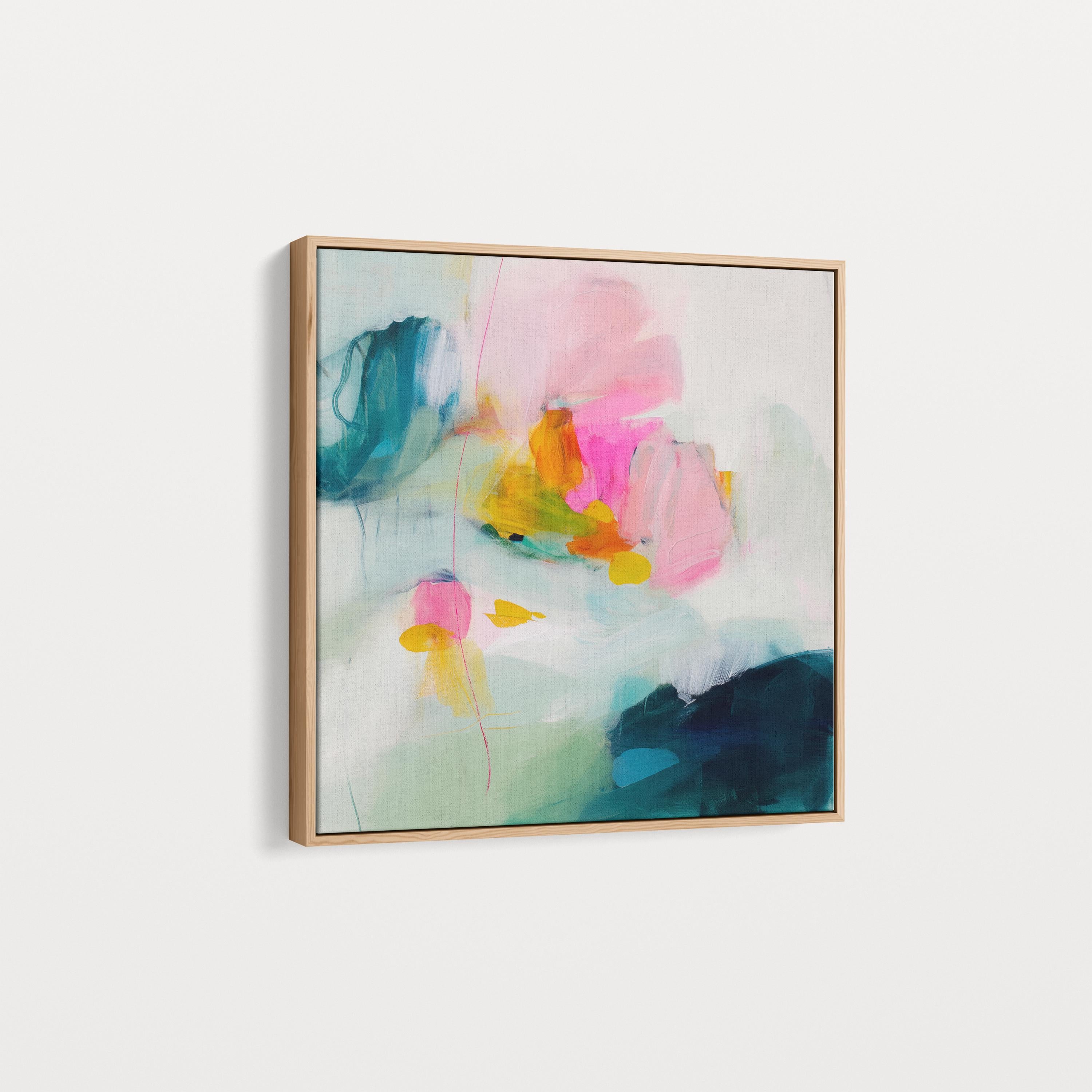 Large Pastel Abstract Canvas Wall Art in Pink, Teal, and Yellow, Framed Soft Neutral Painting for Dining Room or Entryway 454