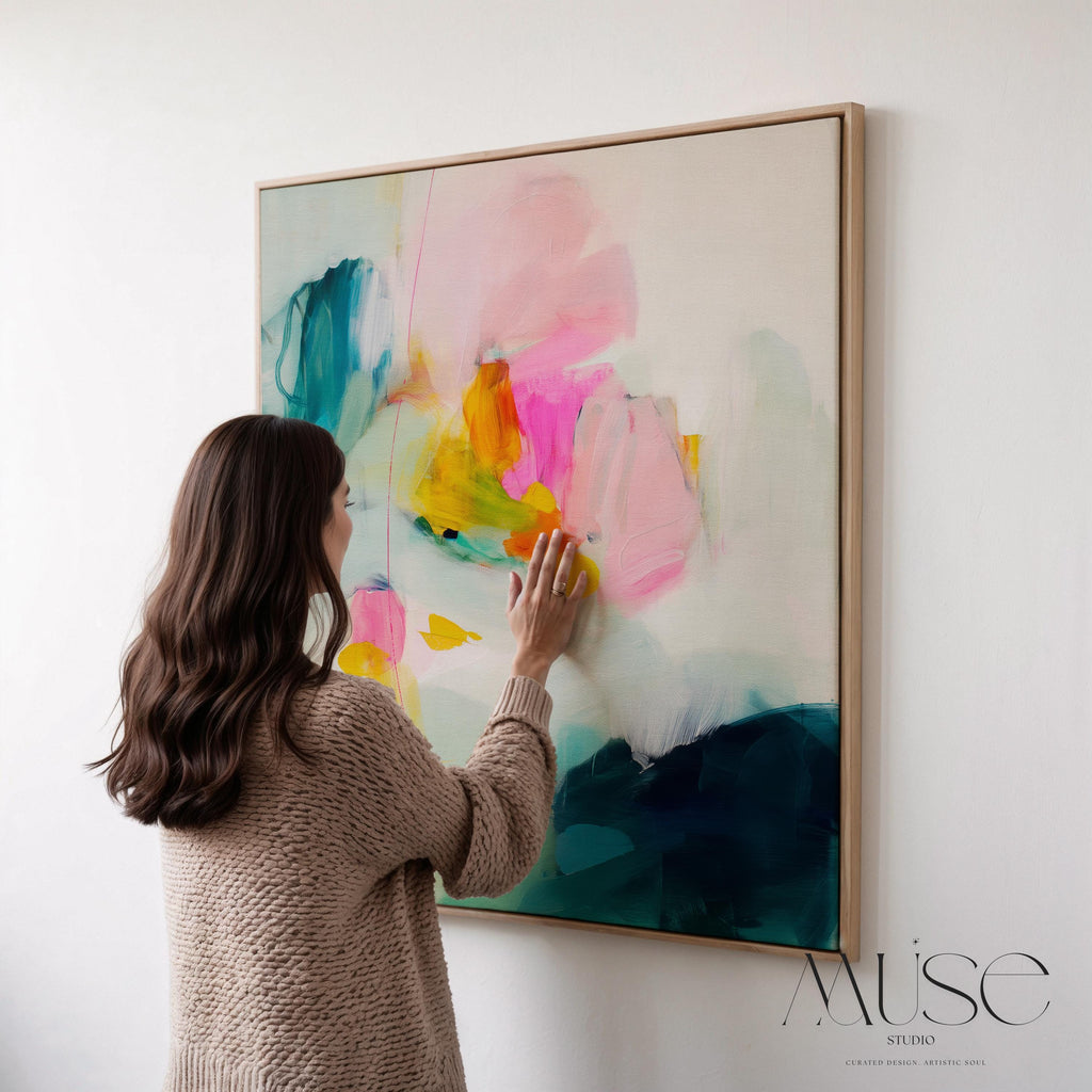 Large Pastel Abstract Canvas Wall Art in Pink, Teal, and Yellow, Framed Soft Neutral Painting for Dining Room or Entryway 454 Framed Canvas Art Colorful abstract wall art on framed canvas, perfect for bold decor art and modern wall decor. Large statement piece with expressive brushstrokes and rich textures. Ready-to-hang giclée canvas designed to energize living rooms, offices, and curated interiors. Muse Studio Decor Art.