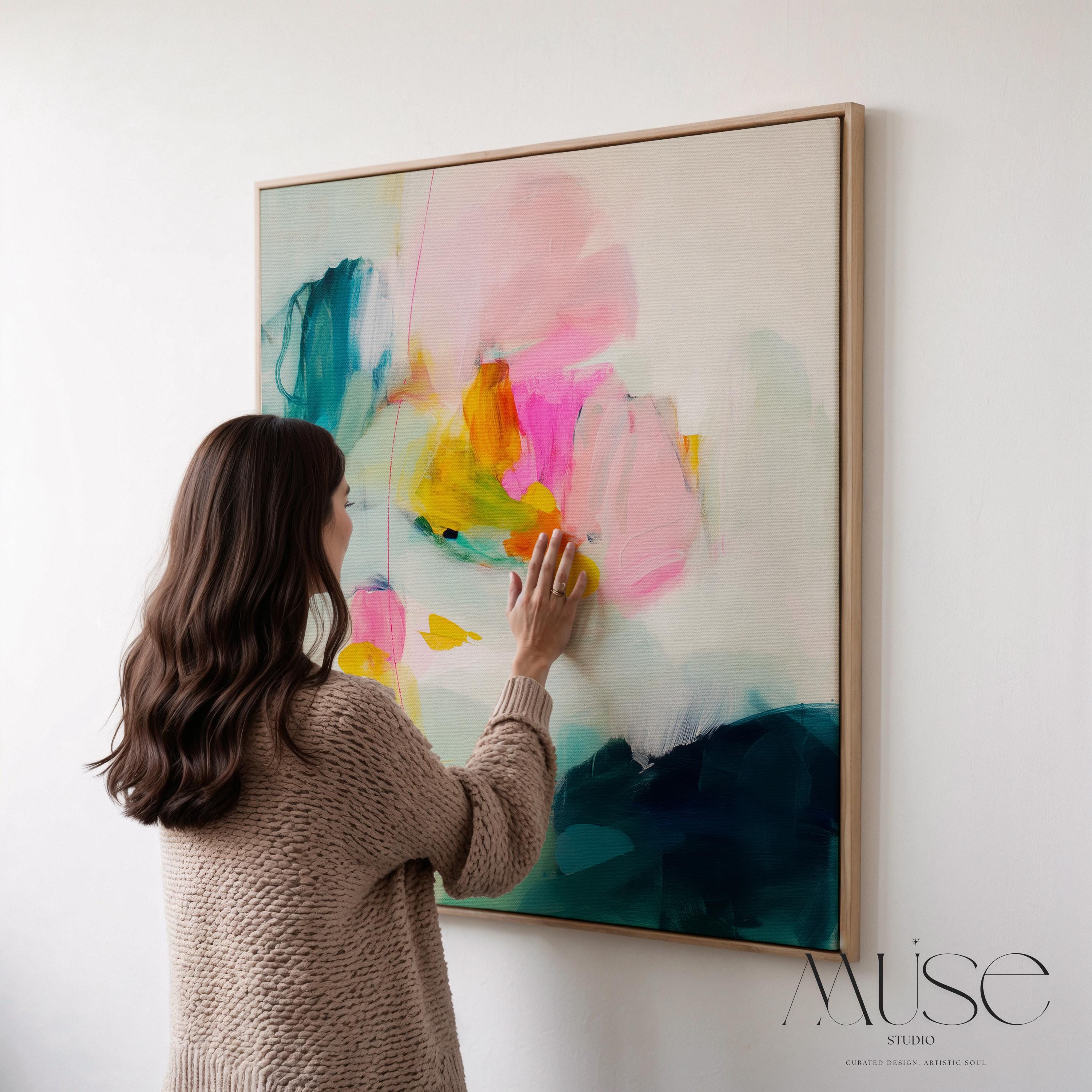 Large Pastel Abstract Canvas Wall Art in Pink, Teal, and Yellow, Framed Soft Neutral Painting for Dining Room or Entryway 454 Framed Canvas Art Colorful abstract wall art on framed canvas, perfect for bold decor art and modern wall decor. Large statement piece with expressive brushstrokes and rich textures. Ready-to-hang giclée canvas designed to energize living rooms, offices, and curated interiors. Muse Studio Decor Art.