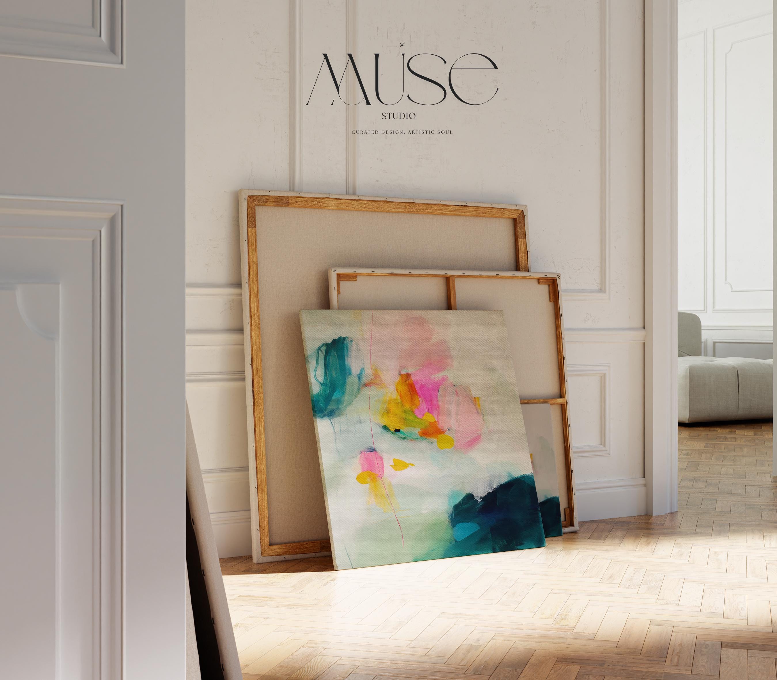 Oversized Canvas Wall Art in Pink, Teal, and Yellow, Framed Abstract Painting for Living Room, Soft Color Pop for Modern Interiors 454