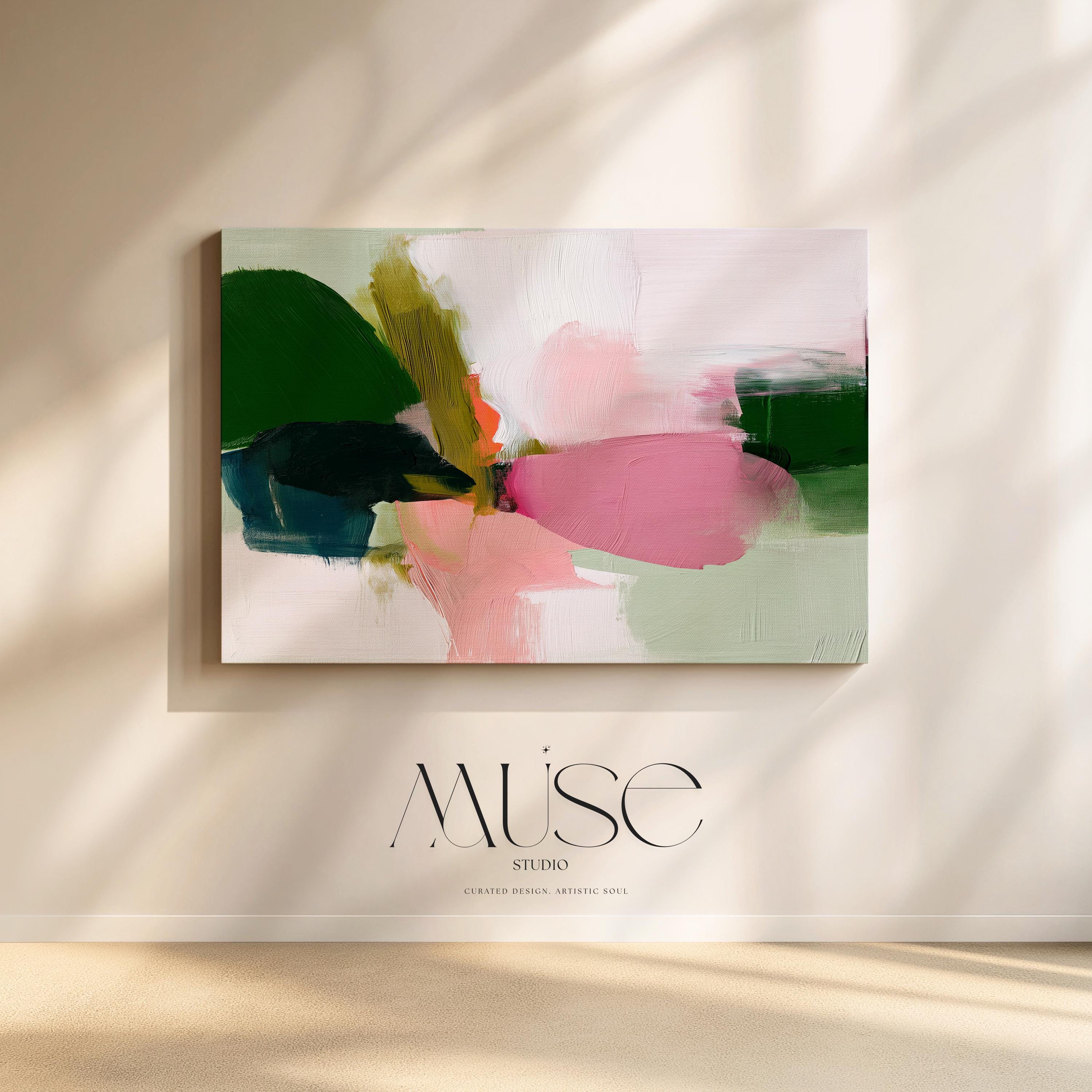 Bold Abstract Canvas Wall Art in Green and Pink, Large Modern Painting for Living Room or Dining Room, Soft Neutral Statement Piece 430