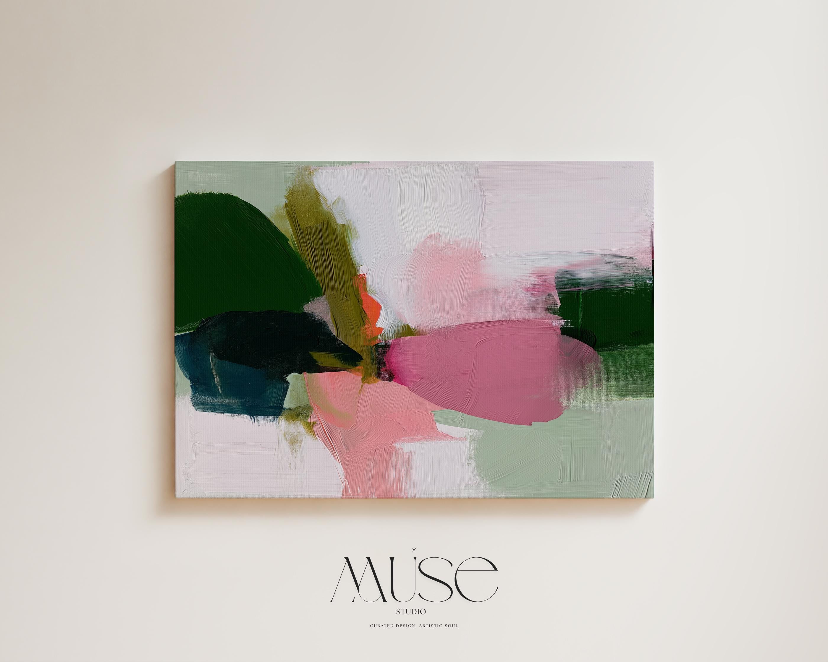Bold Abstract Canvas Wall Art in Green and Pink, Large Modern Painting for Living Room or Dining Room, Soft Neutral Statement Piece 430