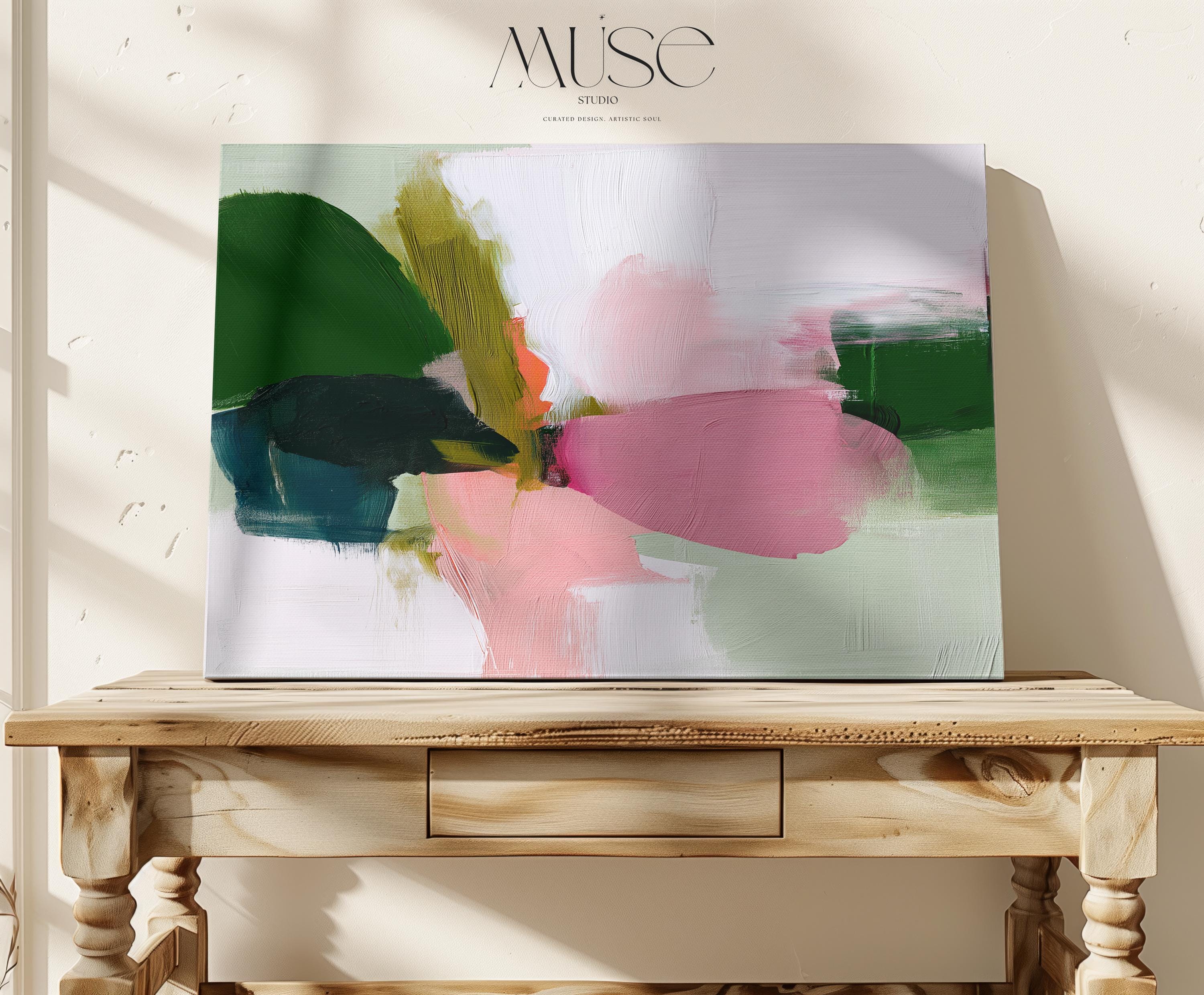 Bold Abstract Canvas Wall Art in Green and Pink, Large Modern Painting for Living Room or Dining Room, Soft Neutral Statement Piece 430