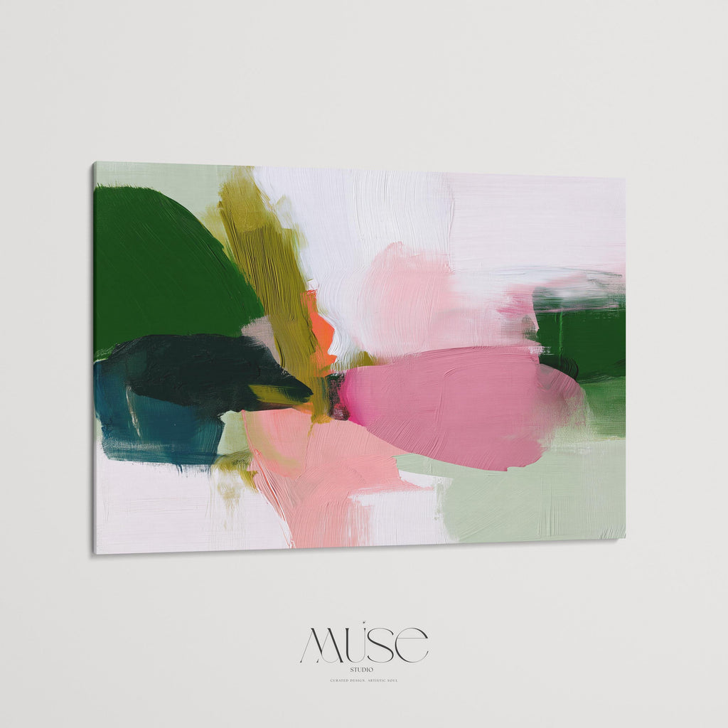 Bold Abstract Canvas Wall Art in Green and Pink, Large Modern Painting for Living Room or Dining Room, Soft Neutral Statement Piece 430