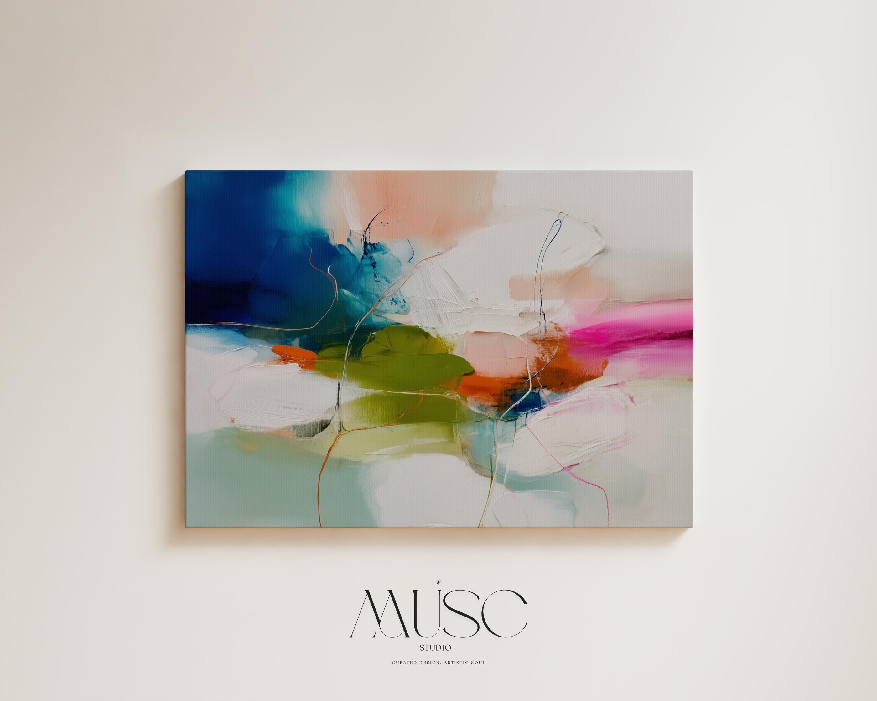 Color Pop Abstract Canvas Wall Art in Blue Pink and Green, Oversized Modern Painting for Living Room or Office, Eclectic Decor 452