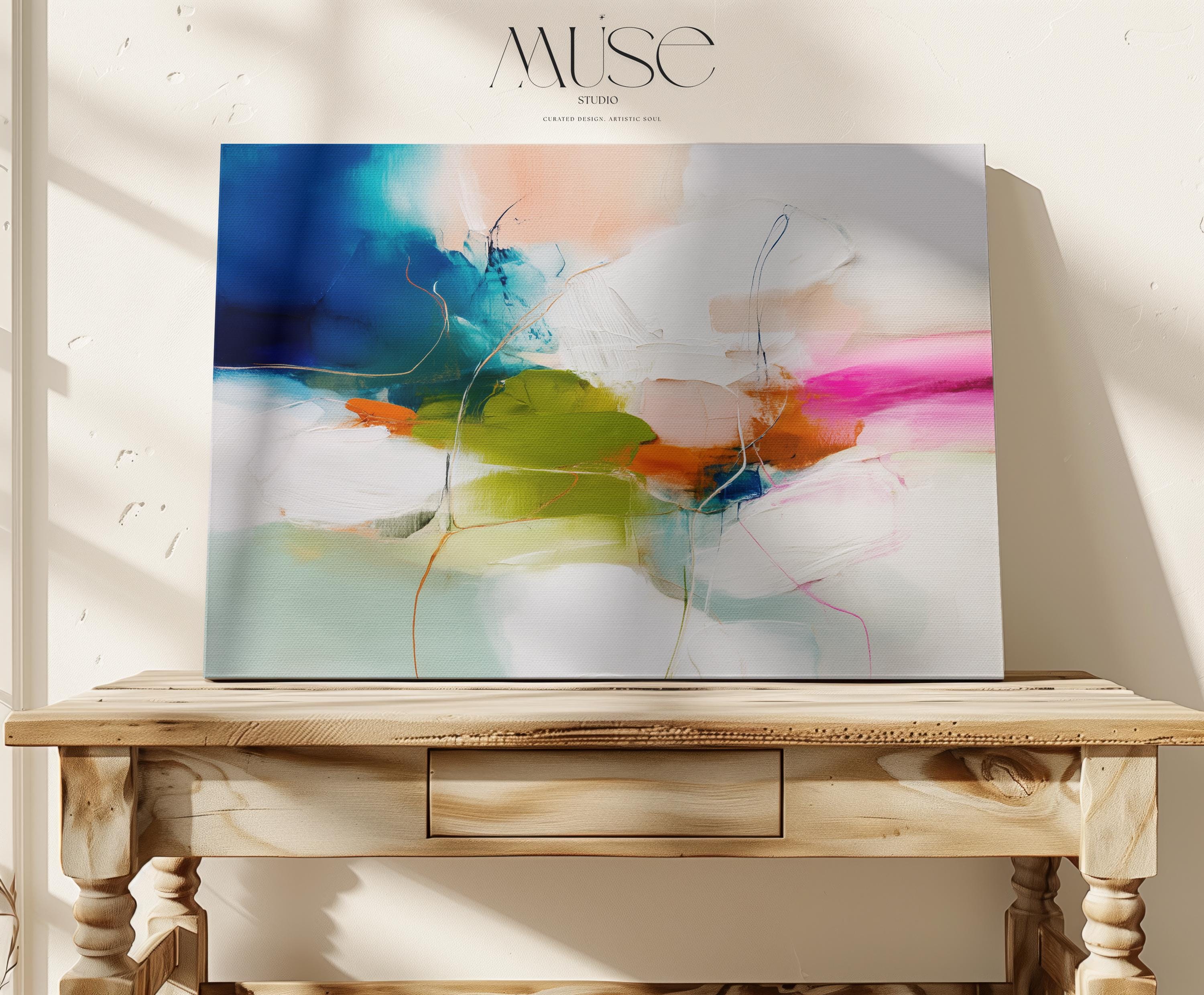 Color Pop Abstract Canvas Wall Art in Blue Pink and Green, Oversized Modern Painting for Living Room or Office, Eclectic Decor 452 Stretched Canvas Art Large abstract wall decor on stretched canvas, gallery-wrapped and ready to hang. Perfect for colorful wall art in living rooms, office spaces, and design projects. Giclée canvas print with bold brushwork and vibrant modern style for impactful home decor. Muse Studio Decor Art.