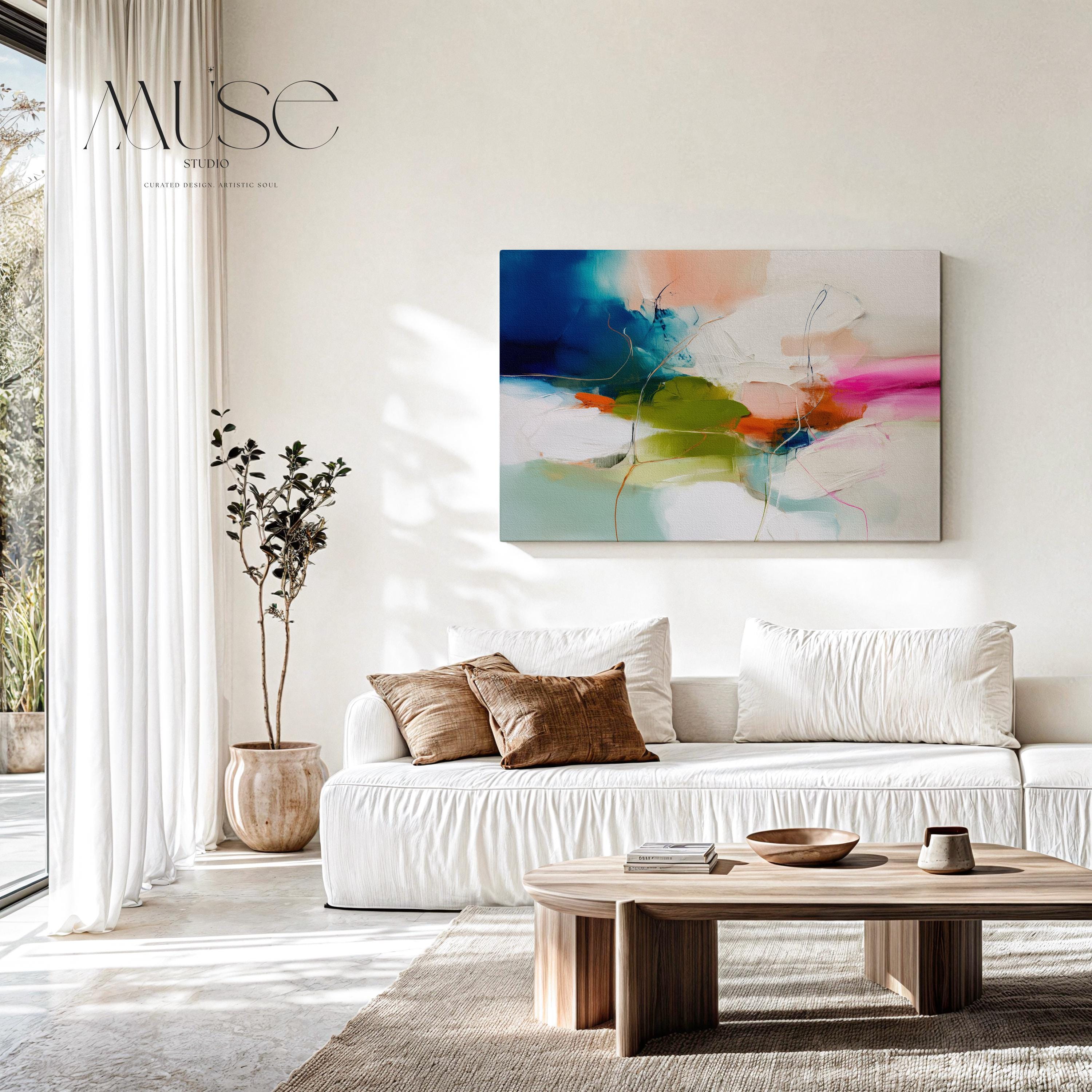 Color Pop Abstract Canvas Wall Art in Blue Pink and Green, Oversized Modern Painting for Living Room or Office, Eclectic Decor 452 Stretched Canvas Art Large abstract wall decor on stretched canvas, gallery-wrapped and ready to hang. Perfect for colorful wall art in living rooms, office spaces, and design projects. Giclée canvas print with bold brushwork and vibrant modern style for impactful home decor. Muse Studio Decor Art.