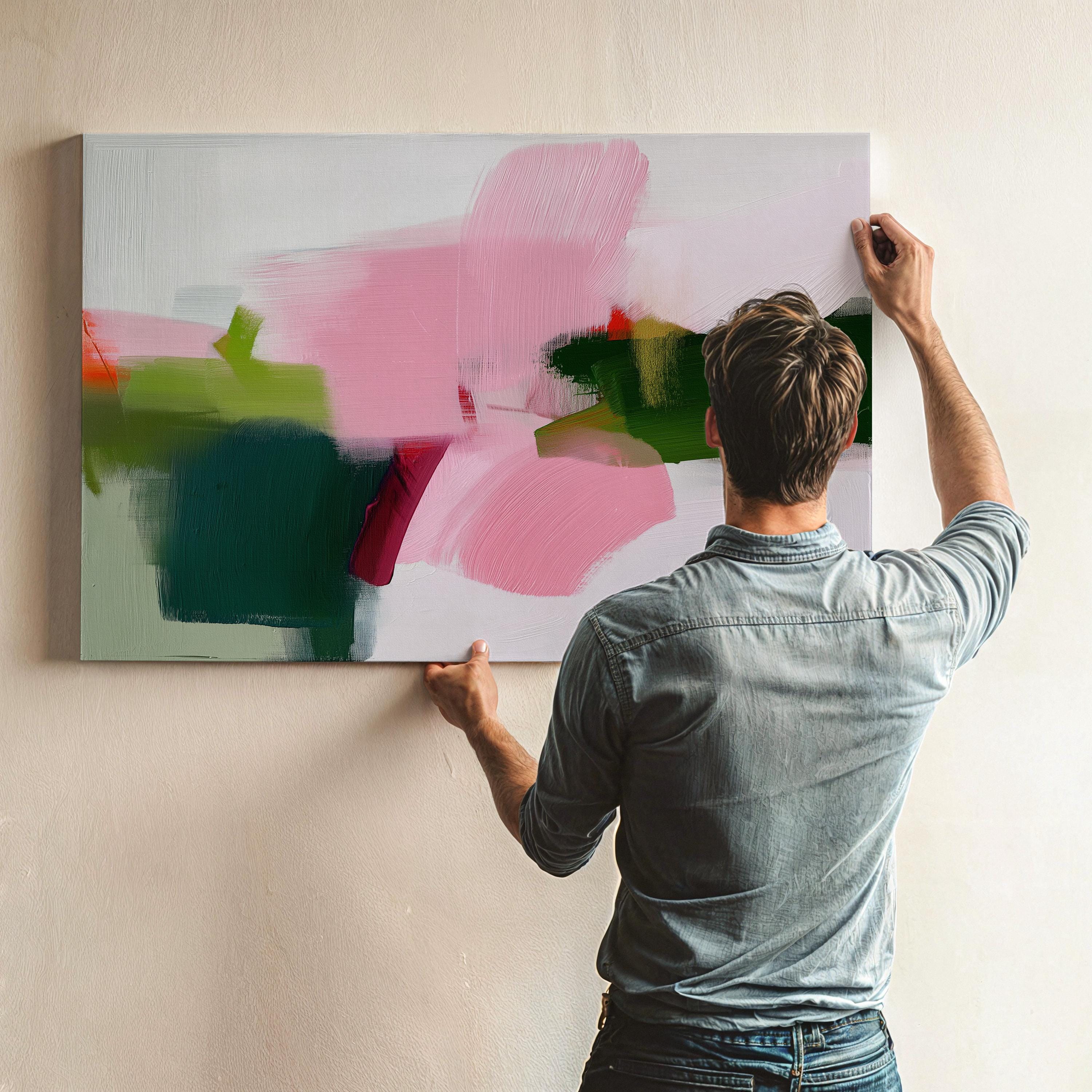 Bold Modern Abstract Canvas Wall Art in Pink and Green, Oversized Minimalist Painting for Living Room or Office, Contemporary Decor 431