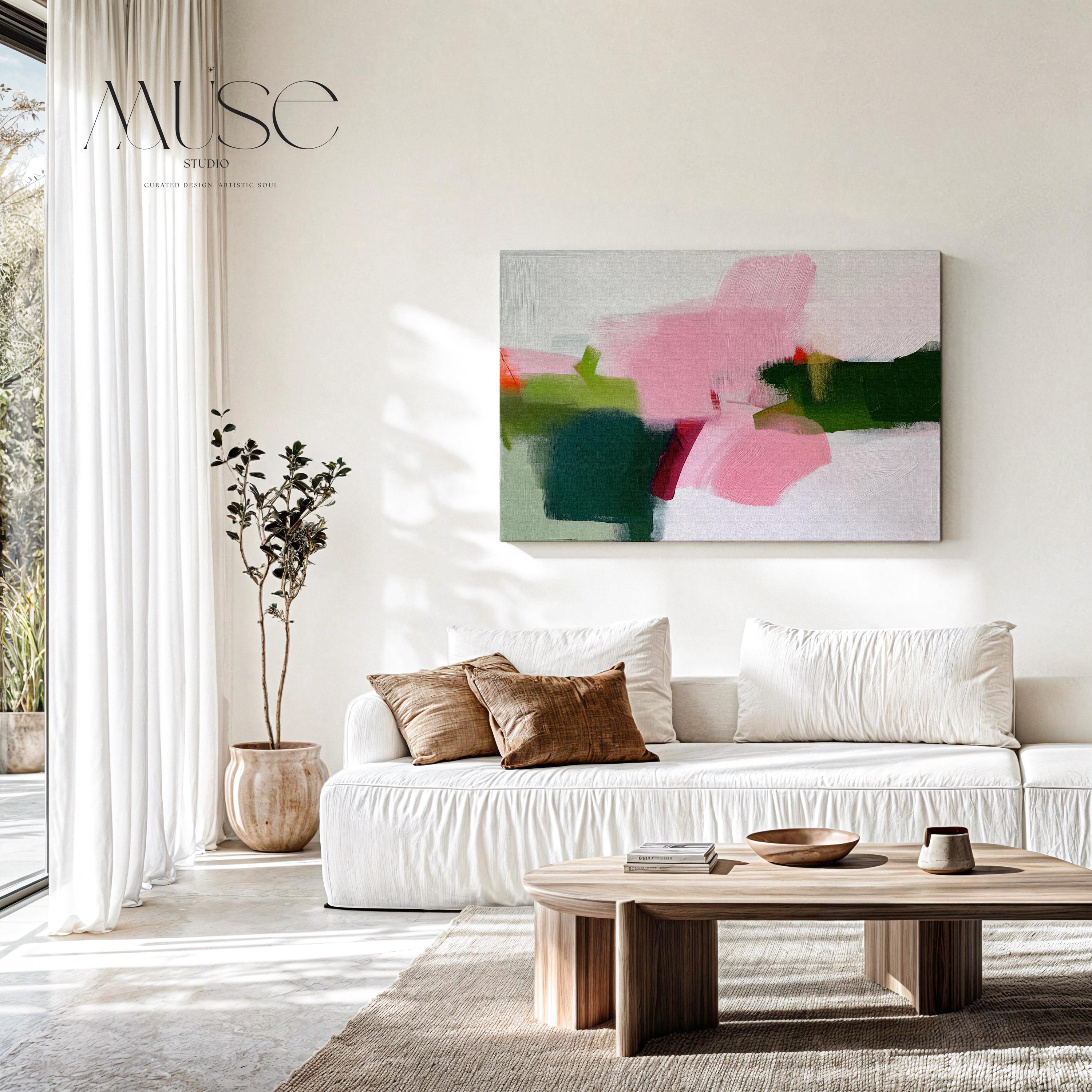 Bold Modern Abstract Canvas Wall Art in Pink and Green, Oversized Minimalist Painting for Living Room or Office, Contemporary Decor 431