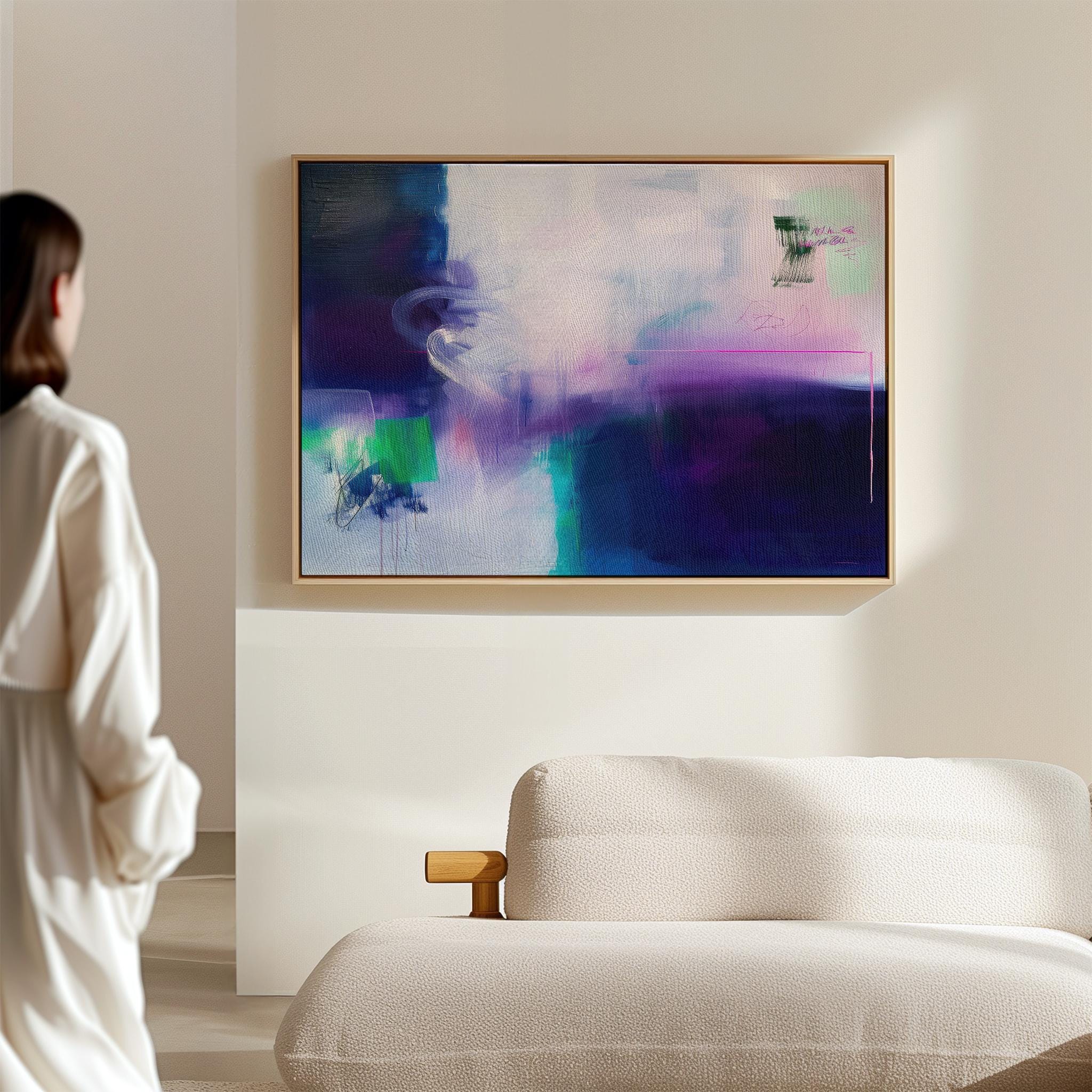 Soft Abstract Wall Art in Navy Blue Lavender and Mint Green Modern Horizontal Canvas Painting for Living Room or Bedroom Decor | 325
