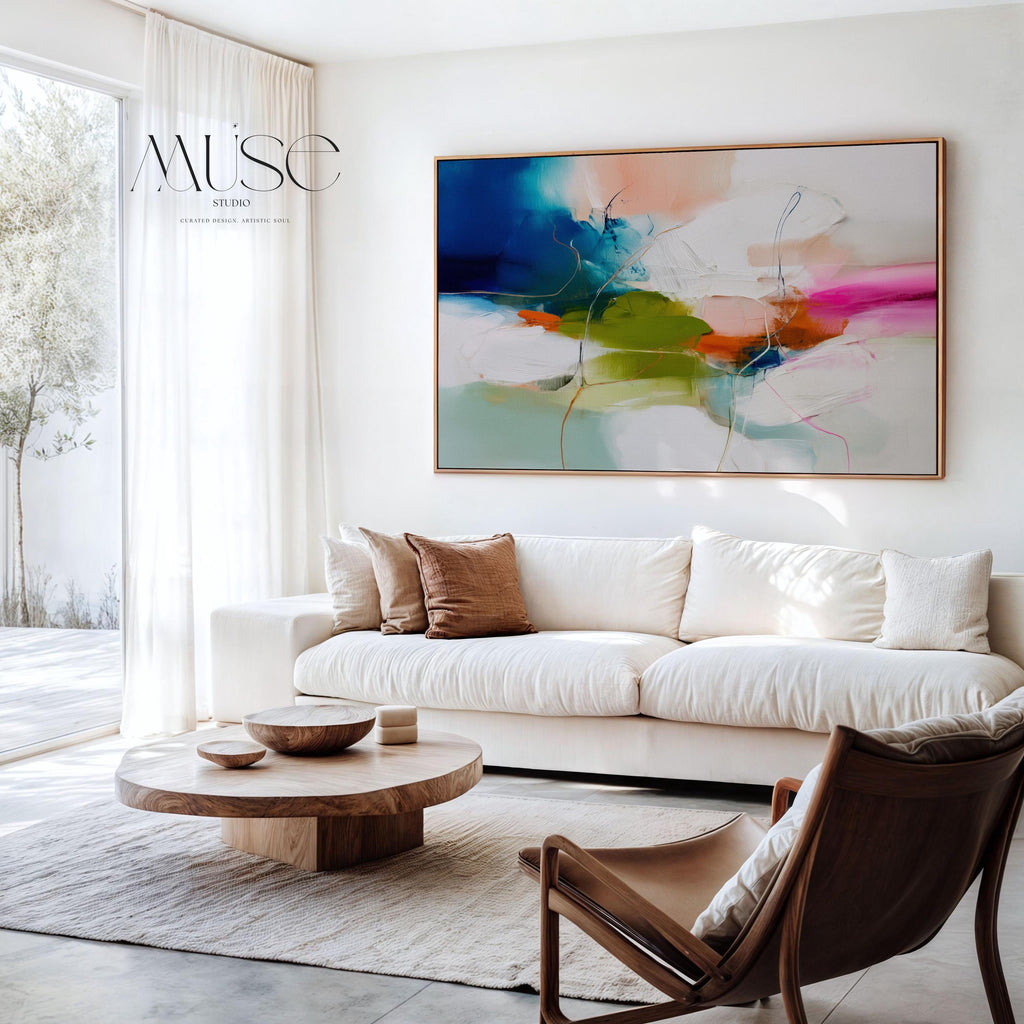 Large Abstract Canvas Wall Art in Blue, Green, and Pink, Framed Colorful Contemporary Painting for Living Room, Statement Art 452 Framed Canvas Art Colorful abstract wall art on framed canvas, perfect for bold decor art and modern wall decor. Large statement piece with expressive brushstrokes and rich textures. Ready-to-hang giclée canvas designed to energize living rooms, offices, and curated interiors. Muse Studio Decor Art.