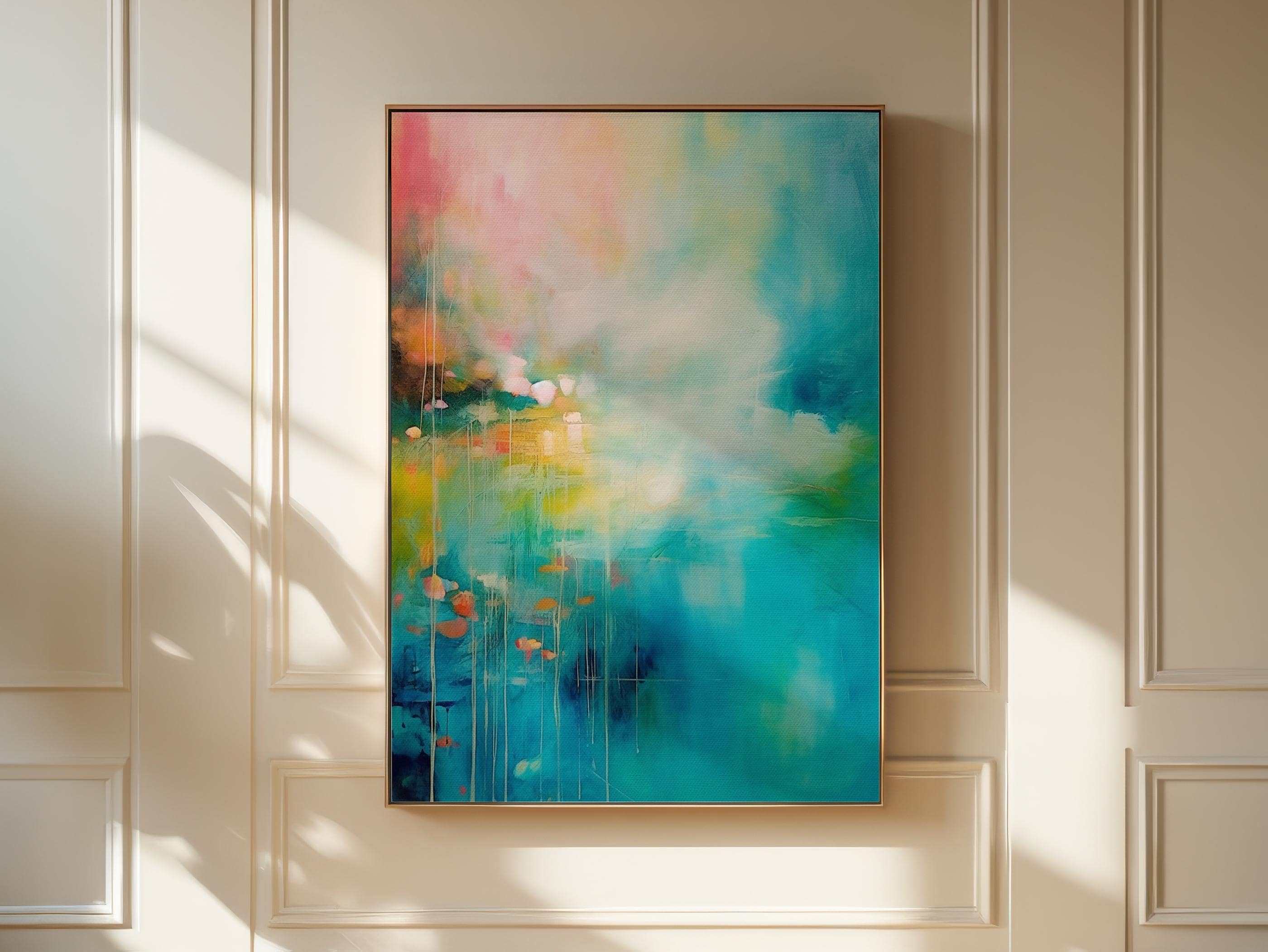 Bold Abstract Canvas Wall Art • Turquoise Pink Yellow • Color Pop and Eclectic Boho • Framed Large Wall Decor for Living Room • MUSE 054
