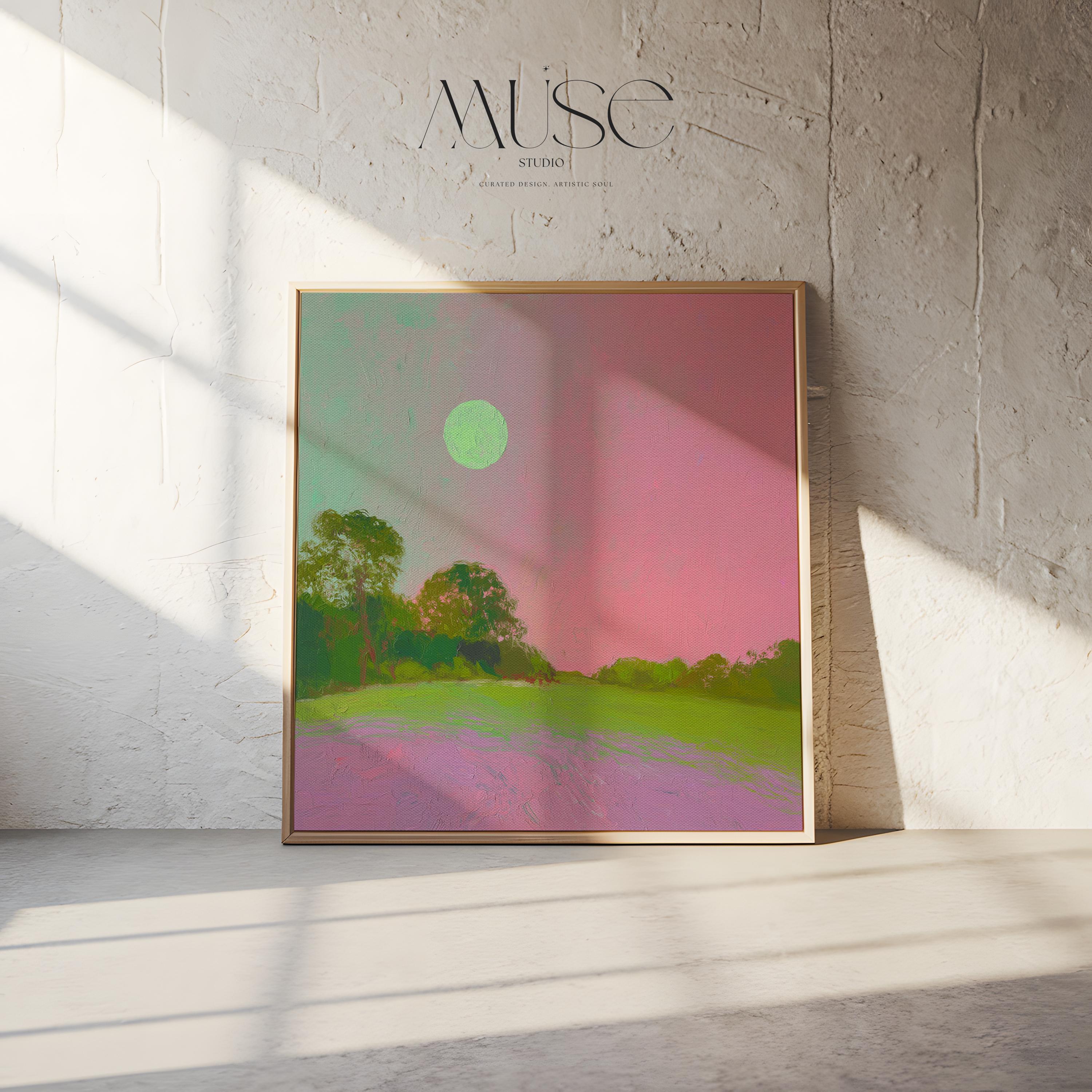 Pink Green Landscape Art Bold Abstract Color Pop Canvas Framed Wall Decor for Nursery Living Room Statement Art Modern Style 456