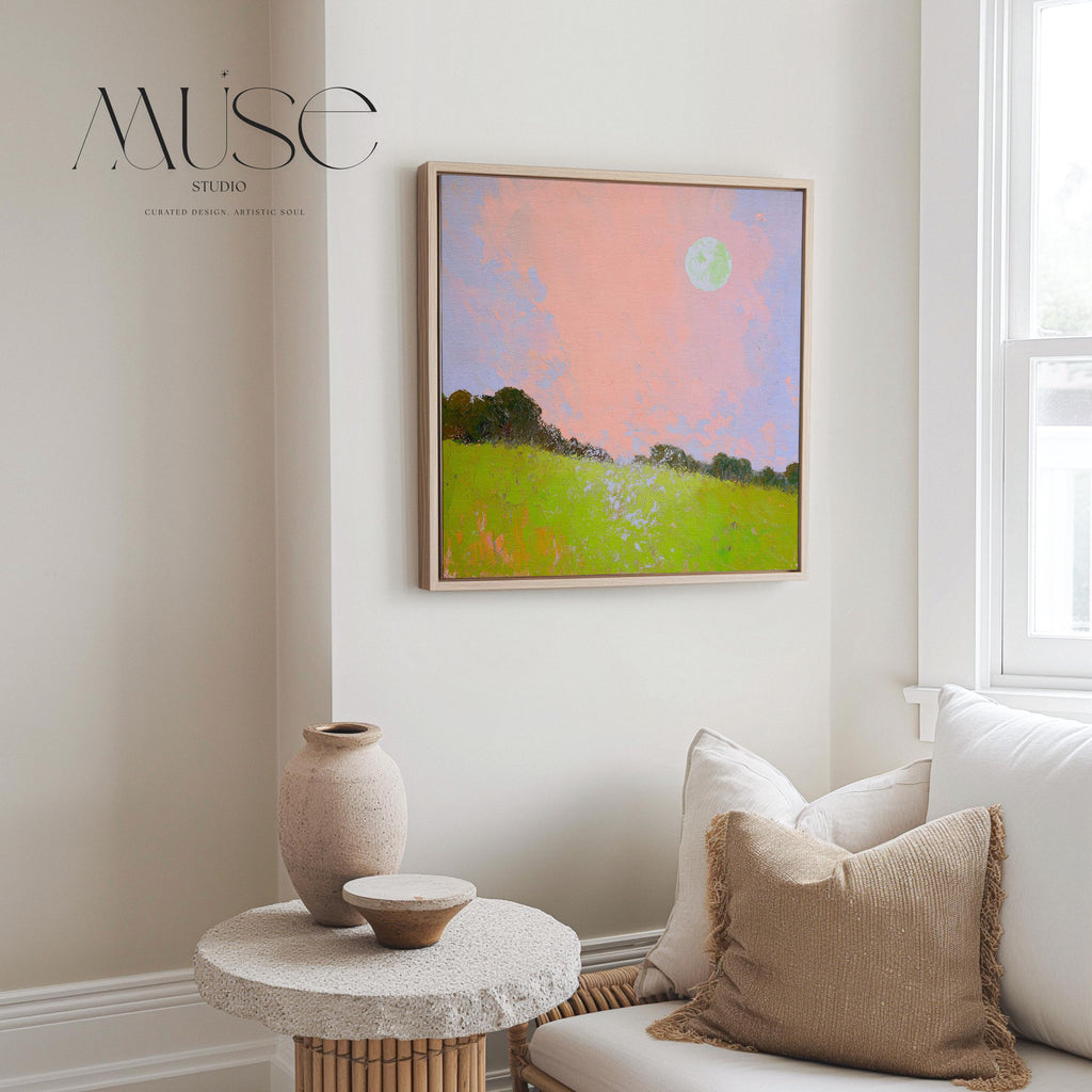 Framed Landscape Canvas Art Pink Sky Green Field Nature Inspired Surreal Whimsy Square Wall Decor for Bedroom Entryway Living Room 457