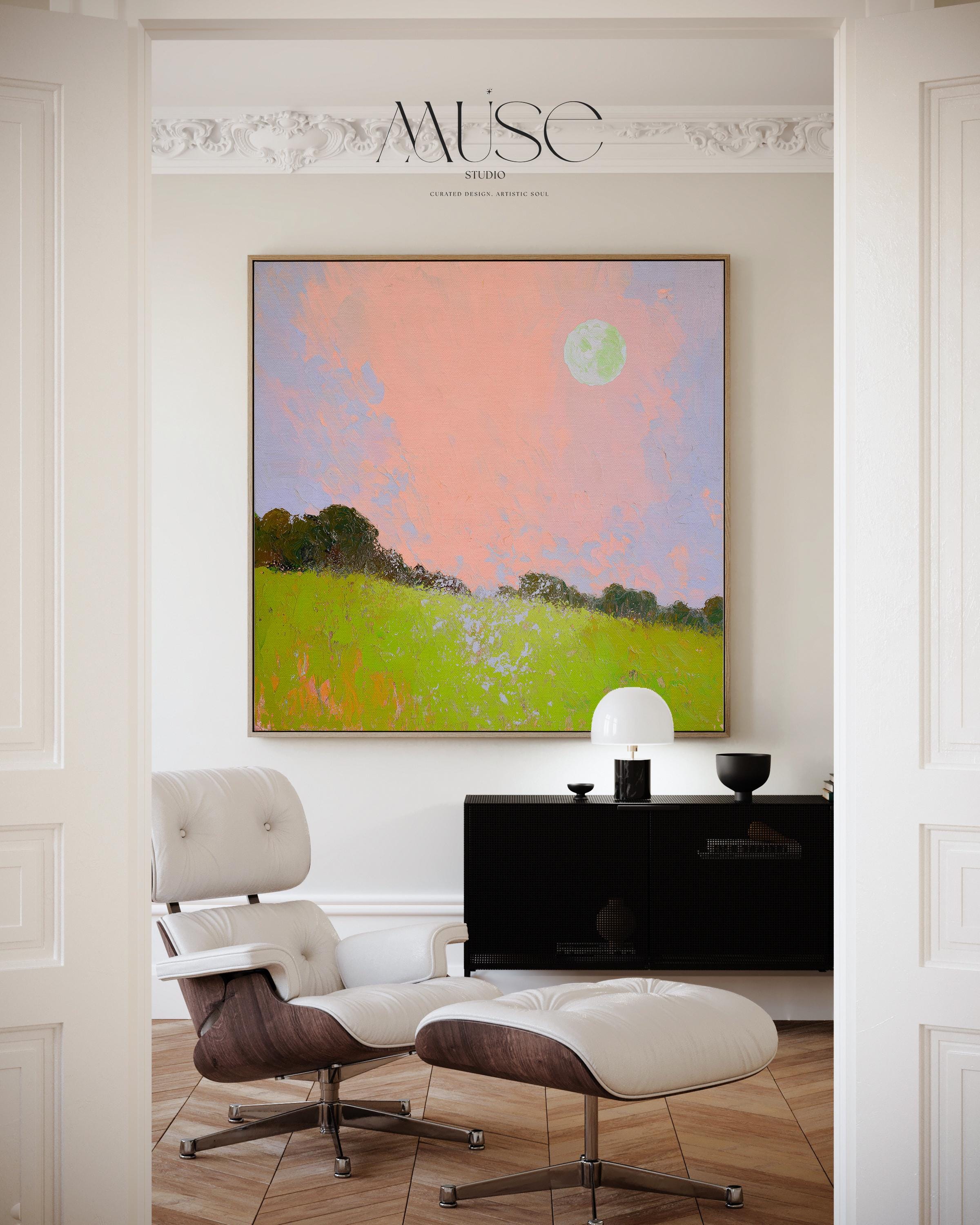 Framed Landscape Canvas Art Pink Sky Green Field Nature Inspired Surreal Whimsy Square Wall Decor for Bedroom Entryway Living Room 457
