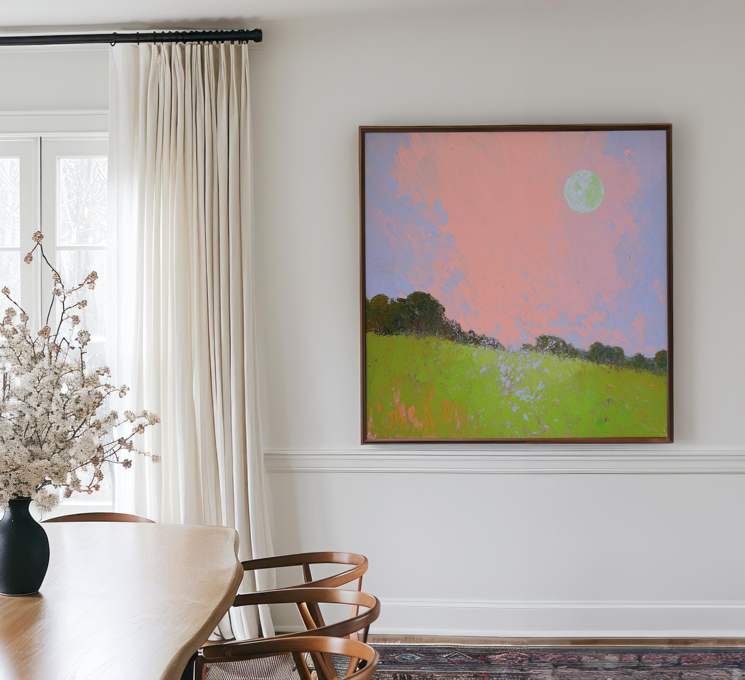 Framed Landscape Canvas Art Pink Sky Green Field Nature Inspired Surreal Whimsy Square Wall Decor for Bedroom Entryway Living Room 457