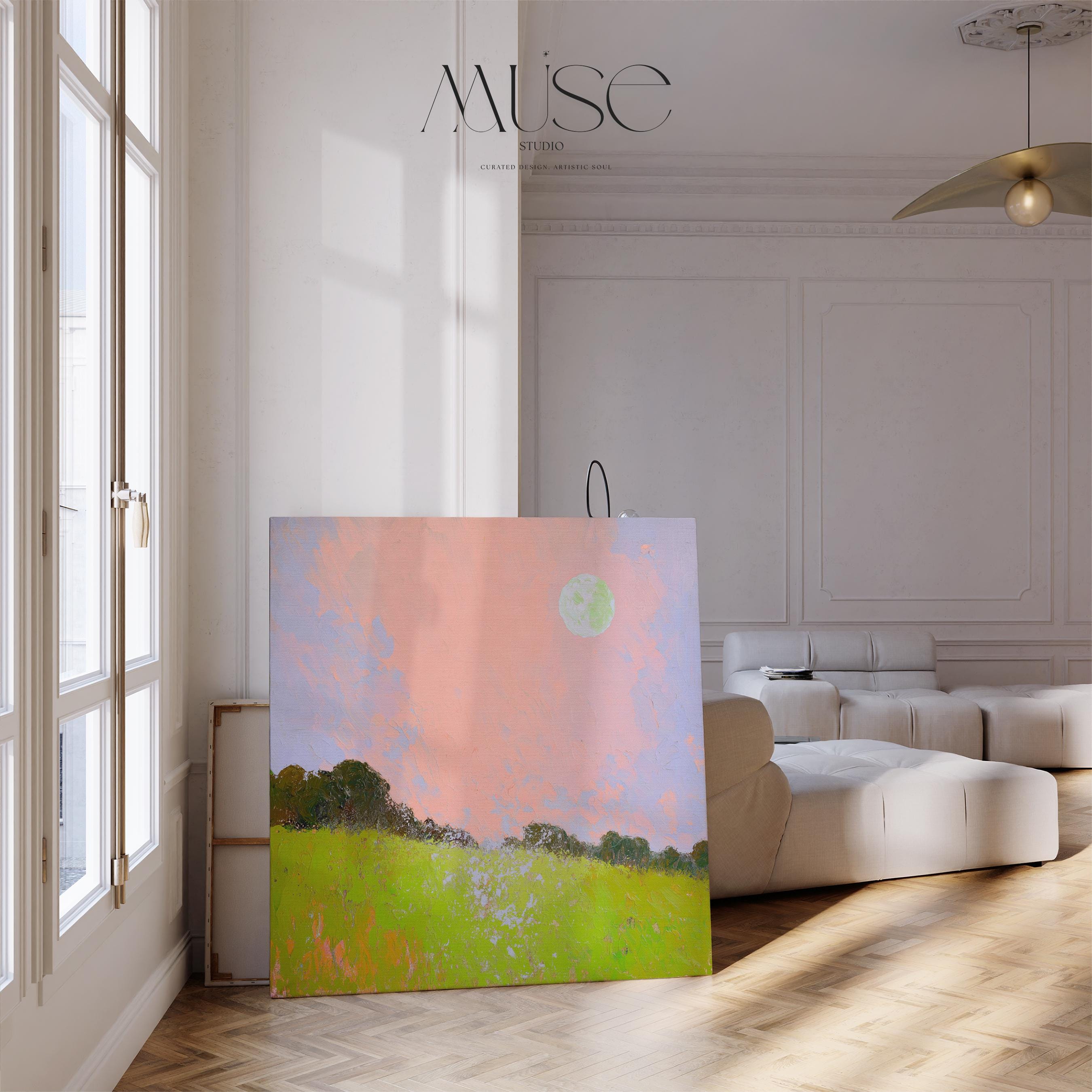 Large Landscape Canvas Art Pink Sky Green Field Surreal Nature Inspired Abstract Painting for Bedroom Living Room Wall Decor 457