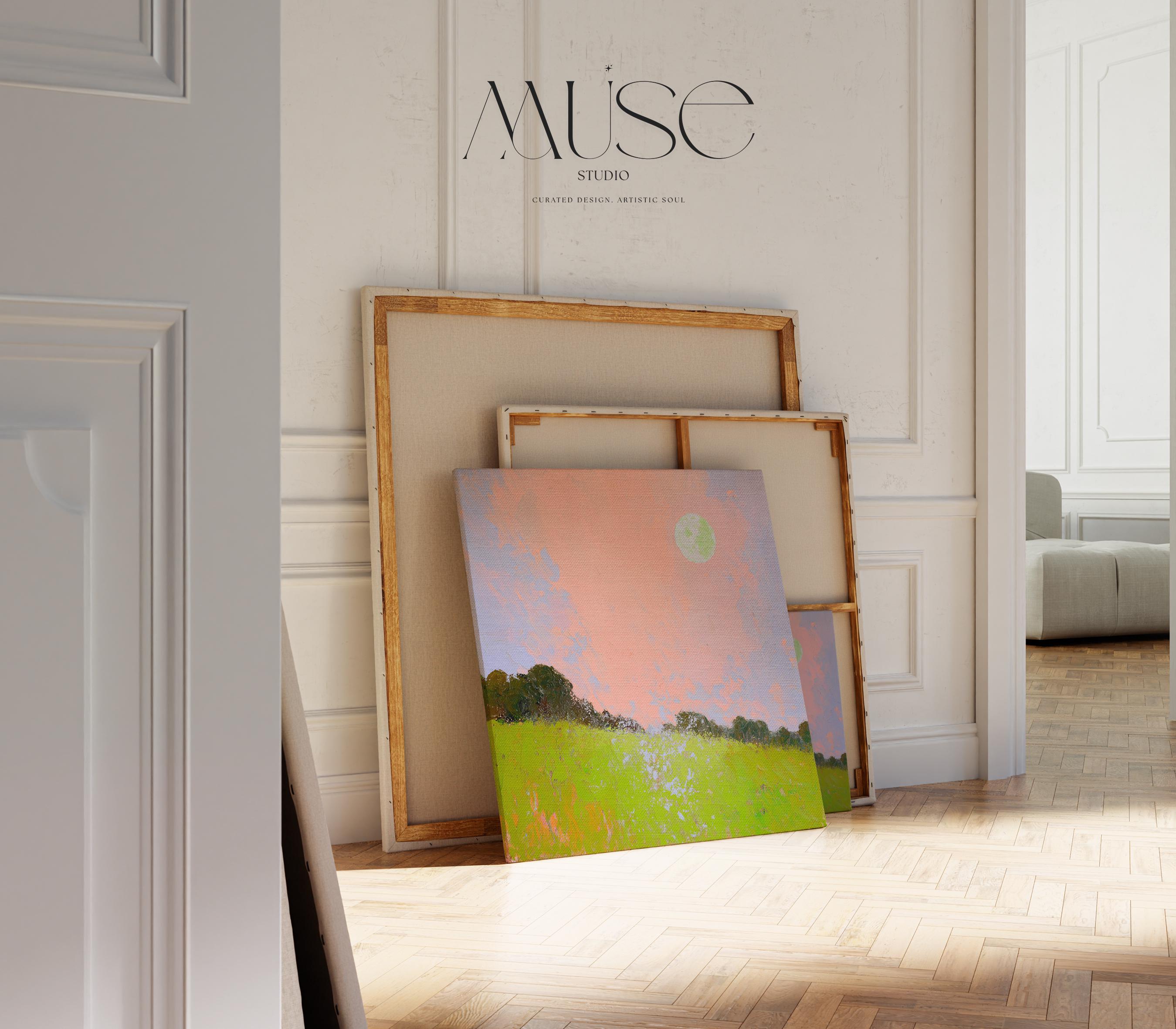 Large Landscape Canvas Art Pink Sky Green Field Surreal Nature Inspired Abstract Painting for Bedroom Living Room Wall Decor 457