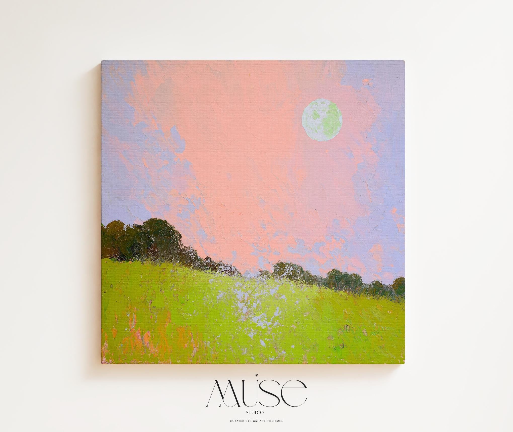Large Landscape Canvas Art Pink Sky Green Field Surreal Nature Inspired Abstract Painting for Bedroom Living Room Wall Decor 457