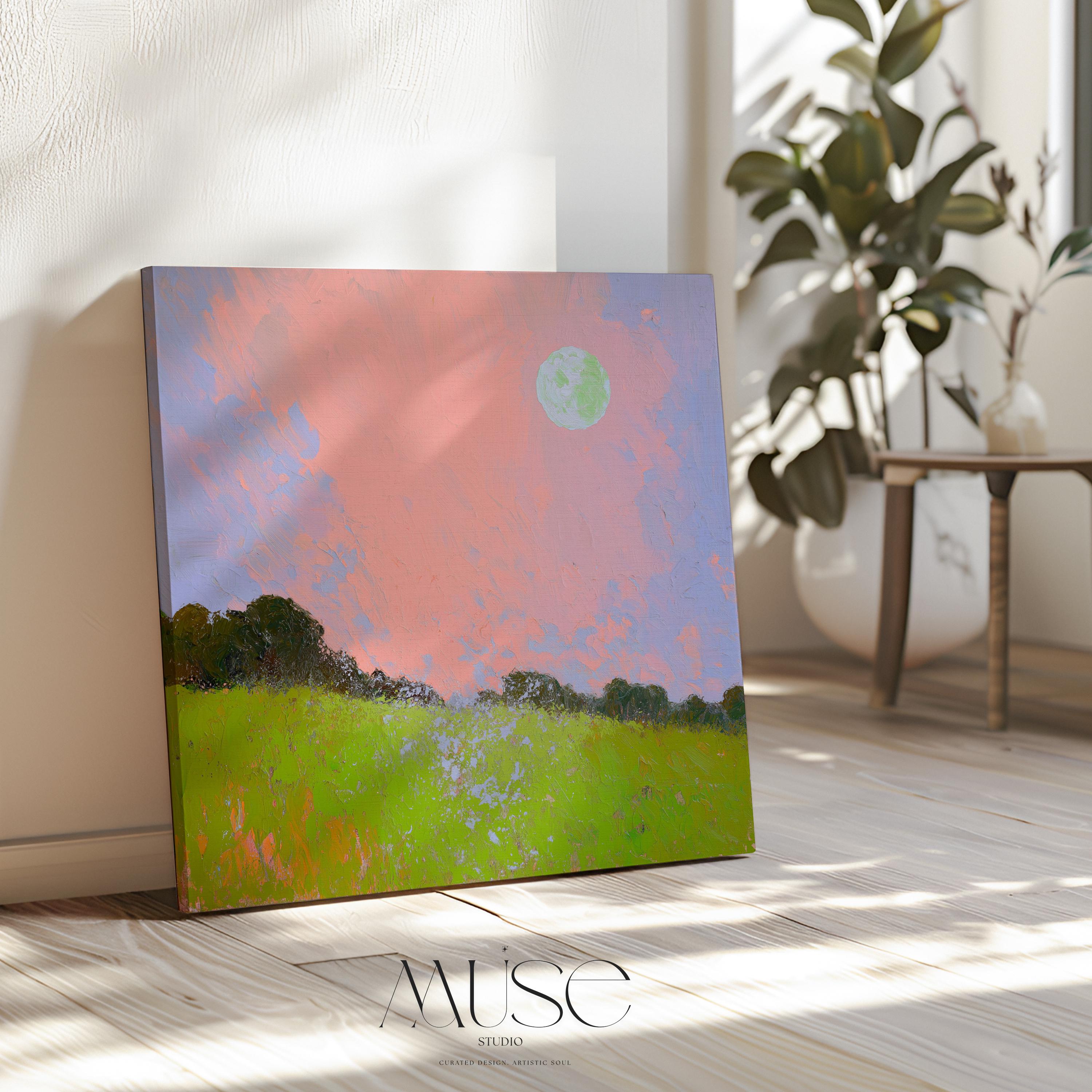 Large Landscape Canvas Art Pink Sky Green Field Surreal Nature Inspired Abstract Painting for Bedroom Living Room Wall Decor 457