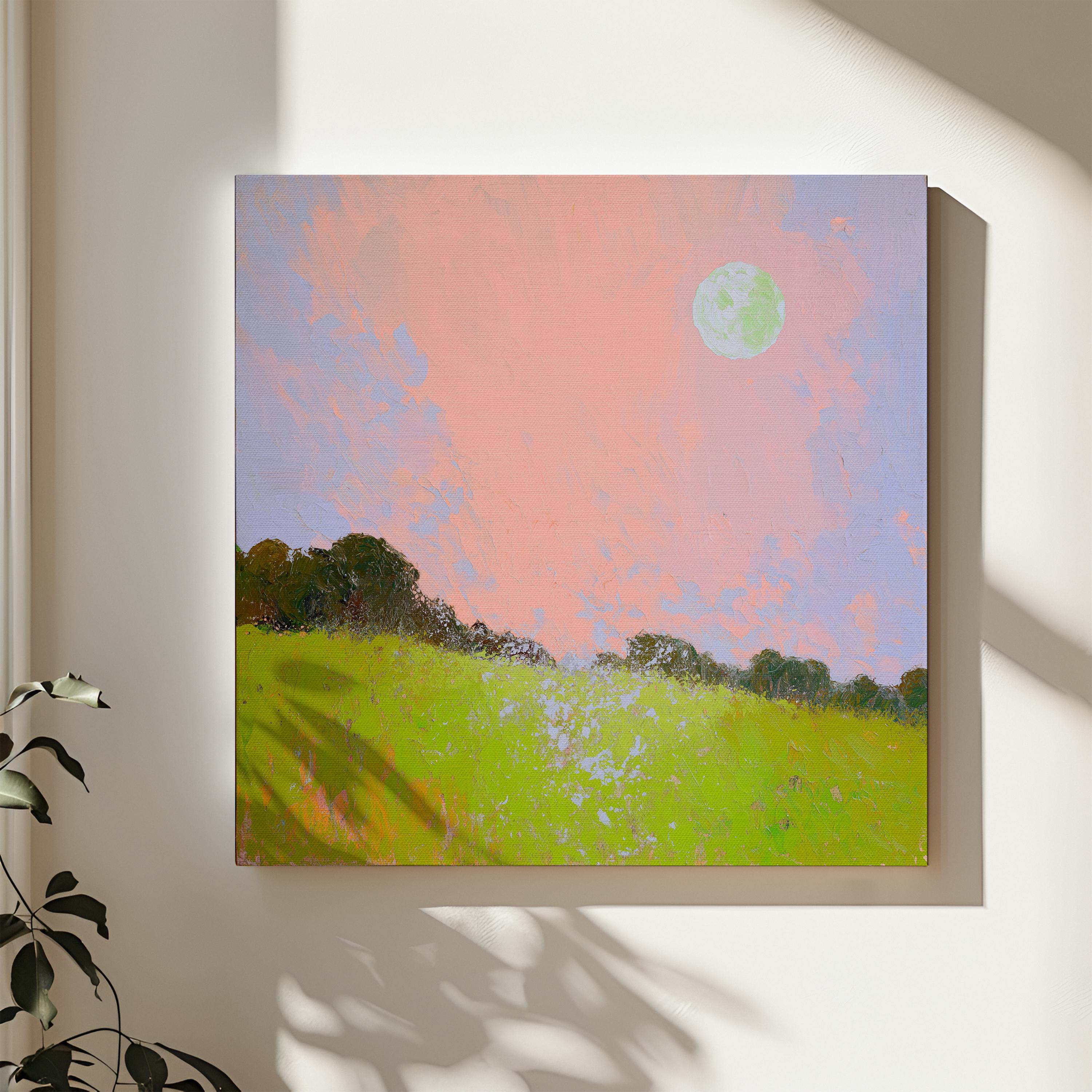Large Landscape Canvas Art Pink Sky Green Field Surreal Nature Inspired Abstract Painting for Bedroom Living Room Wall Decor 457