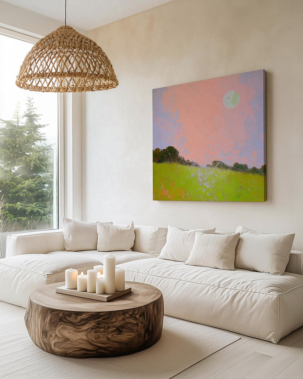 Large Landscape Canvas Art Pink Sky Green Field Surreal Nature Inspired Abstract Painting for Bedroom Living Room Wall Decor 457