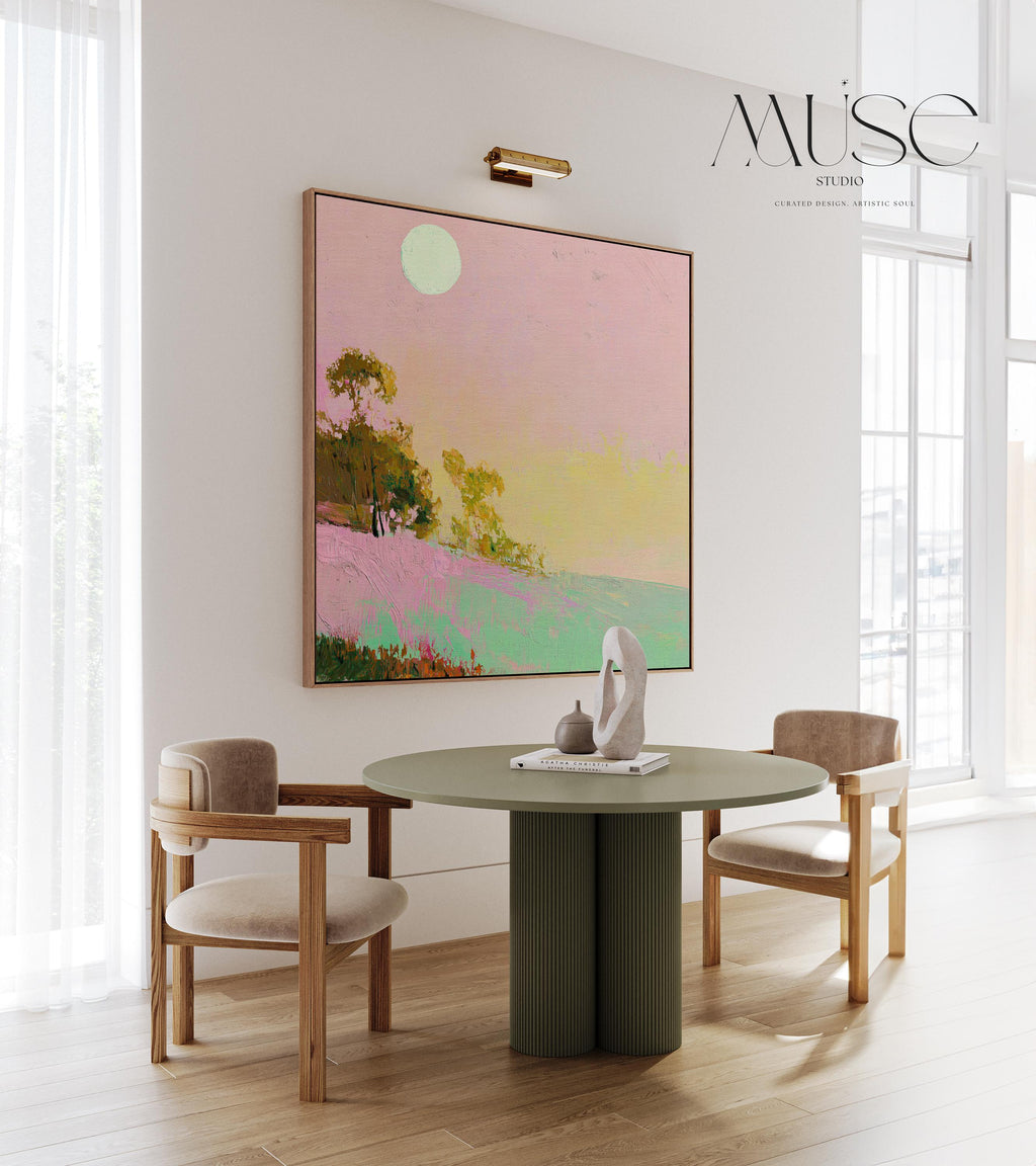 Framed Coastal Landscape Art Pink Green Summer Sky Abstract Wall Decor Surreal Whimsy Southern Coastal Design Bedroom Accent 458
