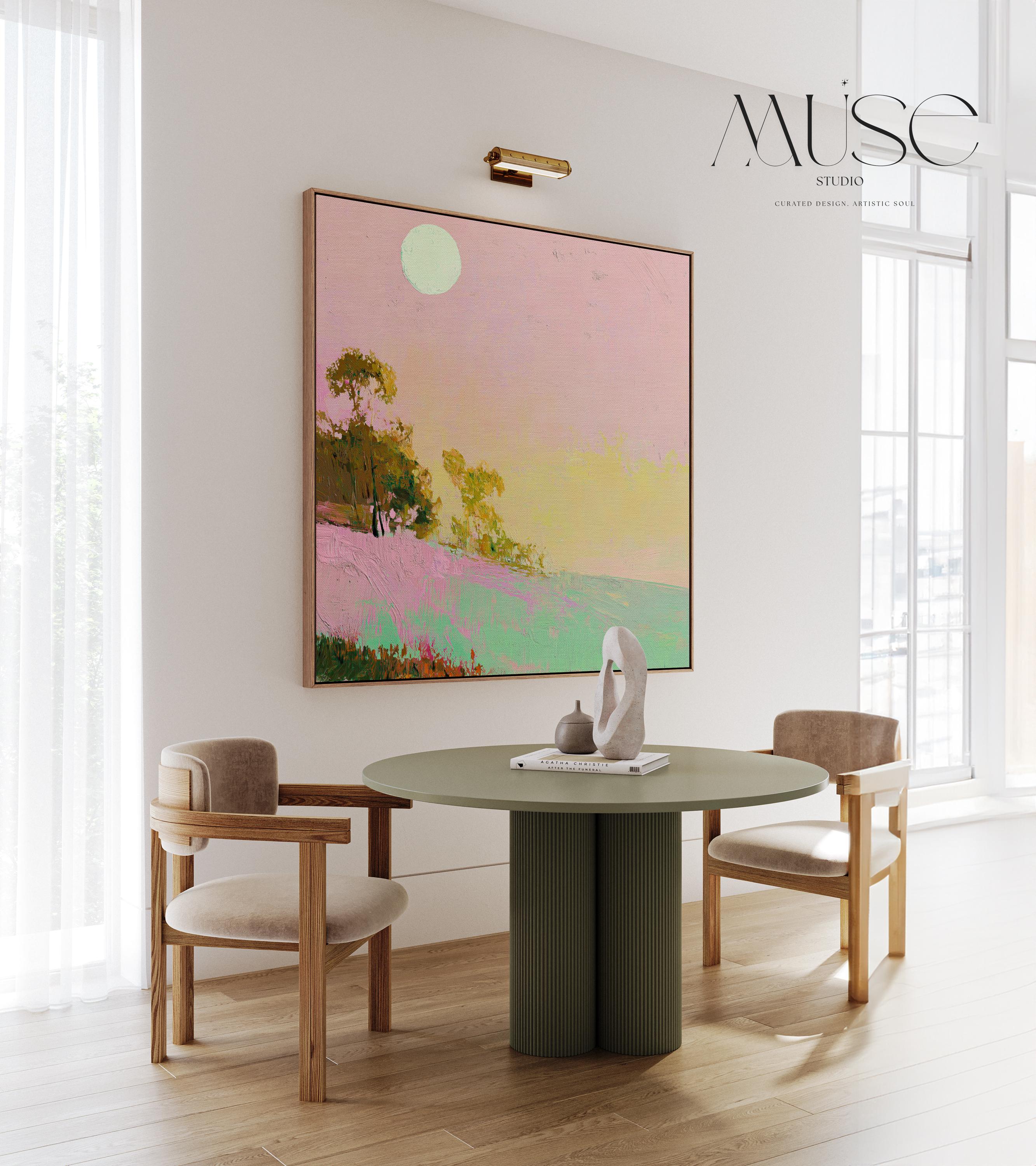 Framed Coastal Landscape Art Pink Green Summer Sky Abstract Wall Decor Surreal Whimsy Southern Coastal Design Bedroom Accent 458