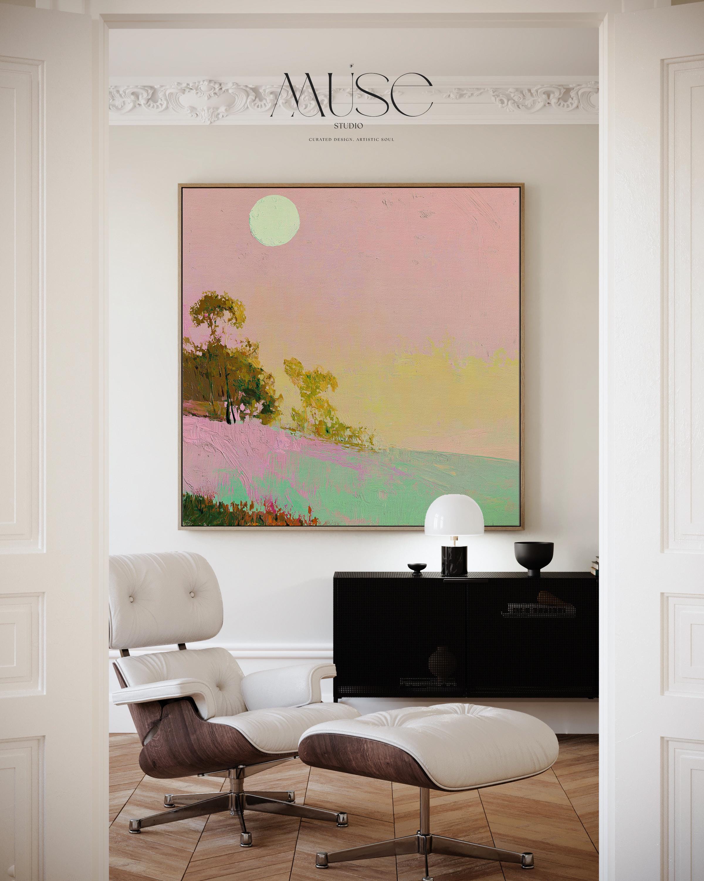 Framed Coastal Landscape Art Pink Green Summer Sky Abstract Wall Decor Surreal Whimsy Southern Coastal Design Bedroom Accent 458
