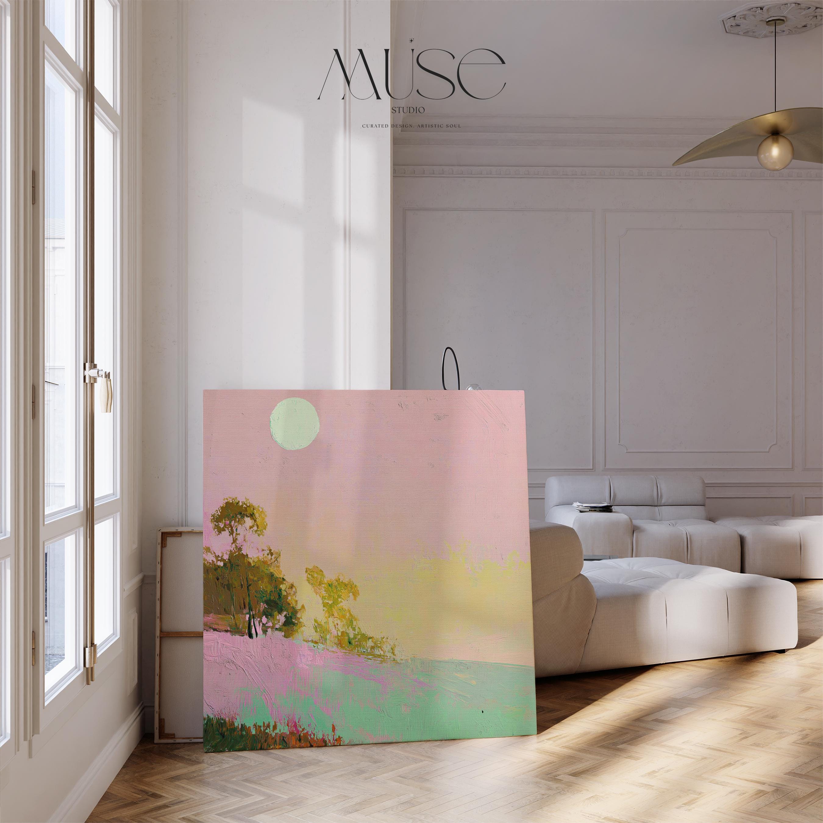 Summer Coastal Canvas Art Pink Sky Green Landscape Abstract Painting Surreal Nature Inspired Decor for Beach House Bedroom 458