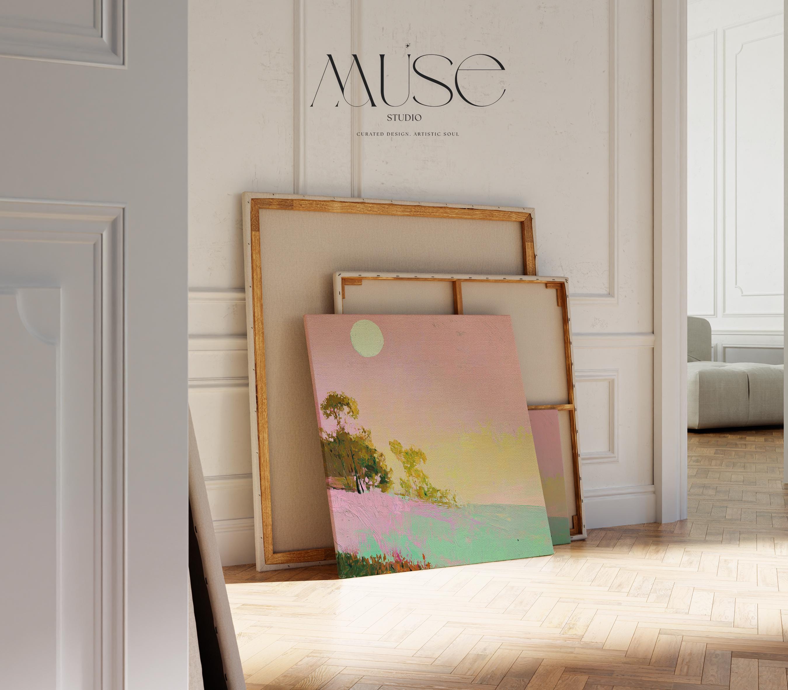 Summer Coastal Canvas Art Pink Sky Green Landscape Abstract Painting Surreal Nature Inspired Decor for Beach House Bedroom 458