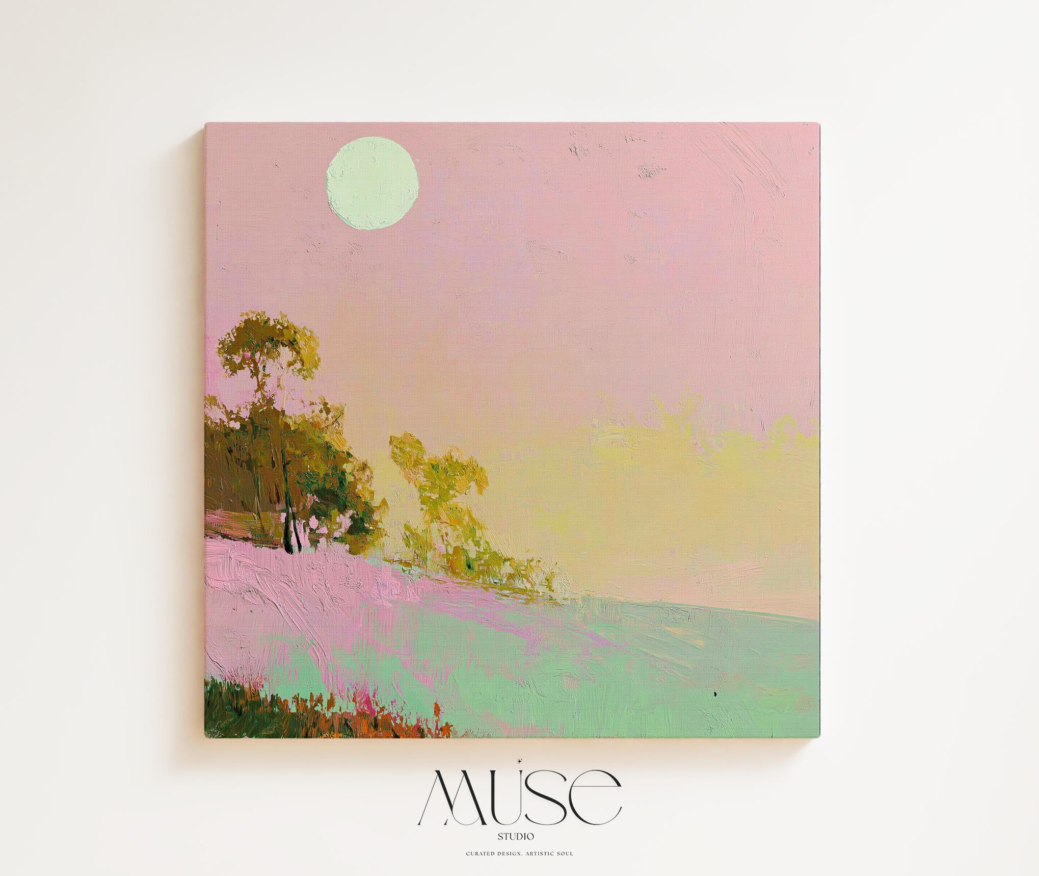 Summer Coastal Canvas Art Pink Sky Green Landscape Abstract Painting Surreal Nature Inspired Decor for Beach House Bedroom 458