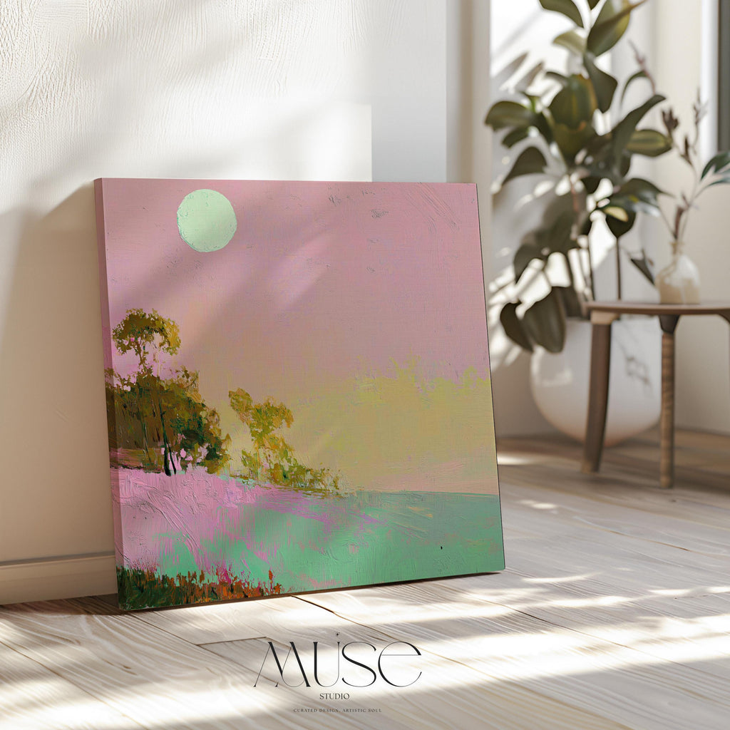 Summer Coastal Canvas Art Pink Sky Green Landscape Abstract Painting Surreal Nature Inspired Decor for Beach House Bedroom 458