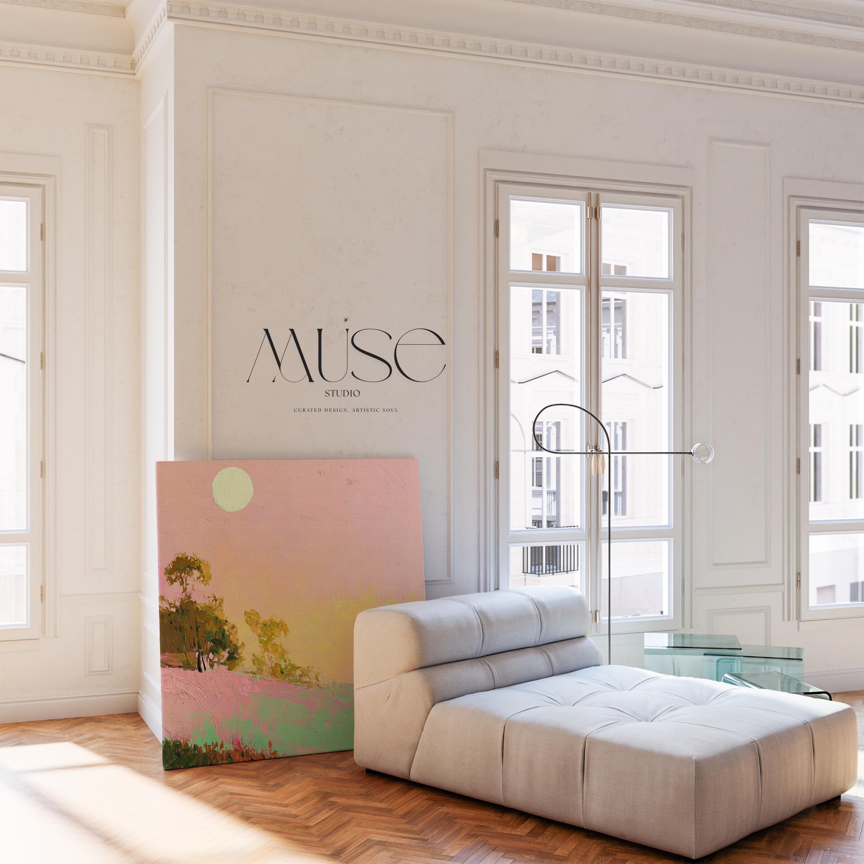 Summer Coastal Canvas Art Pink Sky Green Landscape Abstract Painting Surreal Nature Inspired Decor for Beach House Bedroom 458