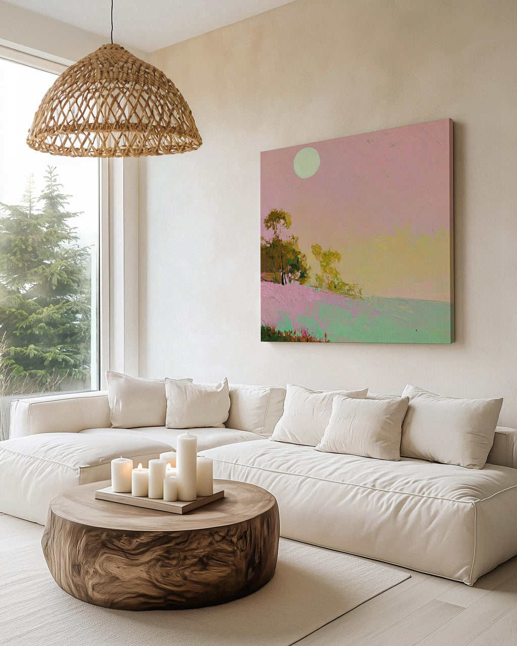 Summer Coastal Canvas Art Pink Sky Green Landscape Abstract Painting Surreal Nature Inspired Decor for Beach House Bedroom 458