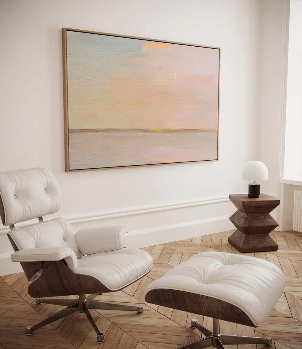Framed Abstract Canvas Art Soft Horizon Pastel Sky Muted Modern Neutral Wall Decor Warm Minimalist Painting for Living Room 459 Framed Canvas Art Colorful abstract wall art on framed canvas, perfect for bold decor art and modern wall decor. Large statement piece with expressive brushstrokes and rich textures. Ready-to-hang giclée canvas designed to energize living rooms, offices, and curated interiors. Muse Studio Decor Art.