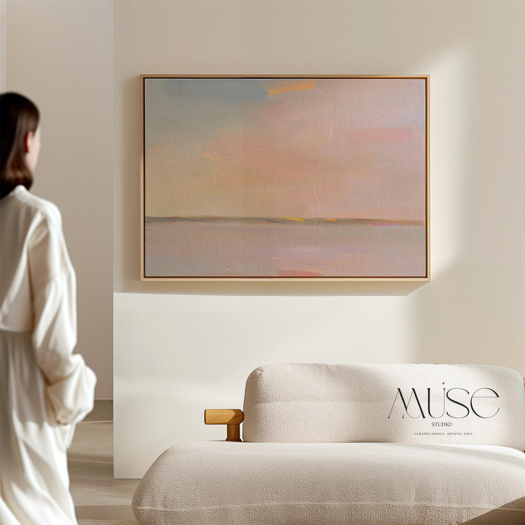Framed Abstract Canvas Art Soft Horizon Pastel Sky Muted Modern Neutral Wall Decor Warm Minimalist Painting for Living Room 459 Framed Canvas Art Colorful abstract wall art on framed canvas, perfect for bold decor art and modern wall decor. Large statement piece with expressive brushstrokes and rich textures. Ready-to-hang giclée canvas designed to energize living rooms, offices, and curated interiors. Muse Studio Decor Art.