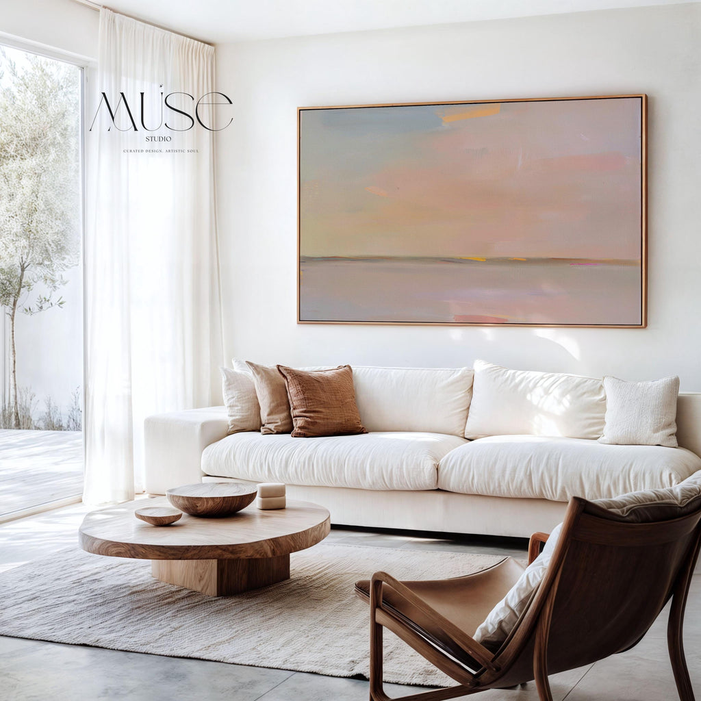 Framed Abstract Canvas Art Soft Horizon Pastel Sky Muted Modern Neutral Wall Decor Warm Minimalist Painting for Living Room 459 Framed Canvas Art Colorful abstract wall art on framed canvas, perfect for bold decor art and modern wall decor. Large statement piece with expressive brushstrokes and rich textures. Ready-to-hang giclée canvas designed to energize living rooms, offices, and curated interiors. Muse Studio Decor Art.