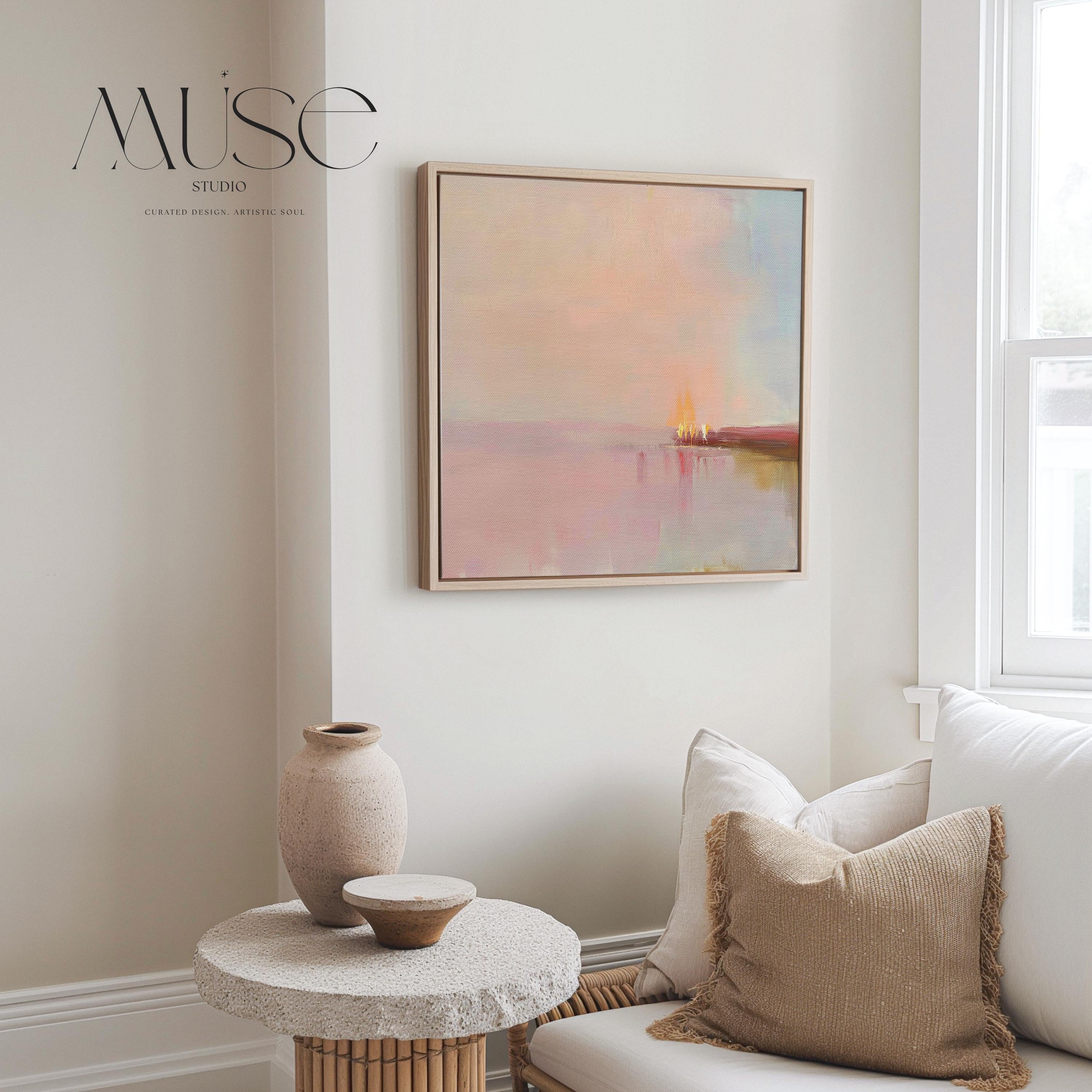 Framed Abstract Canvas Art Blush Pink Horizon Pastel Landscape Soft Glow Warm Minimalist Decor for Dining Room Entryway 461