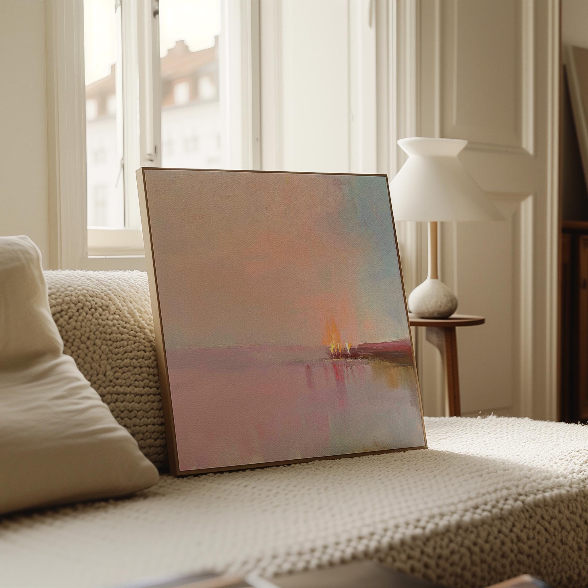 Framed Abstract Canvas Art Blush Pink Horizon Pastel Landscape Soft Glow Warm Minimalist Decor for Dining Room Entryway 461