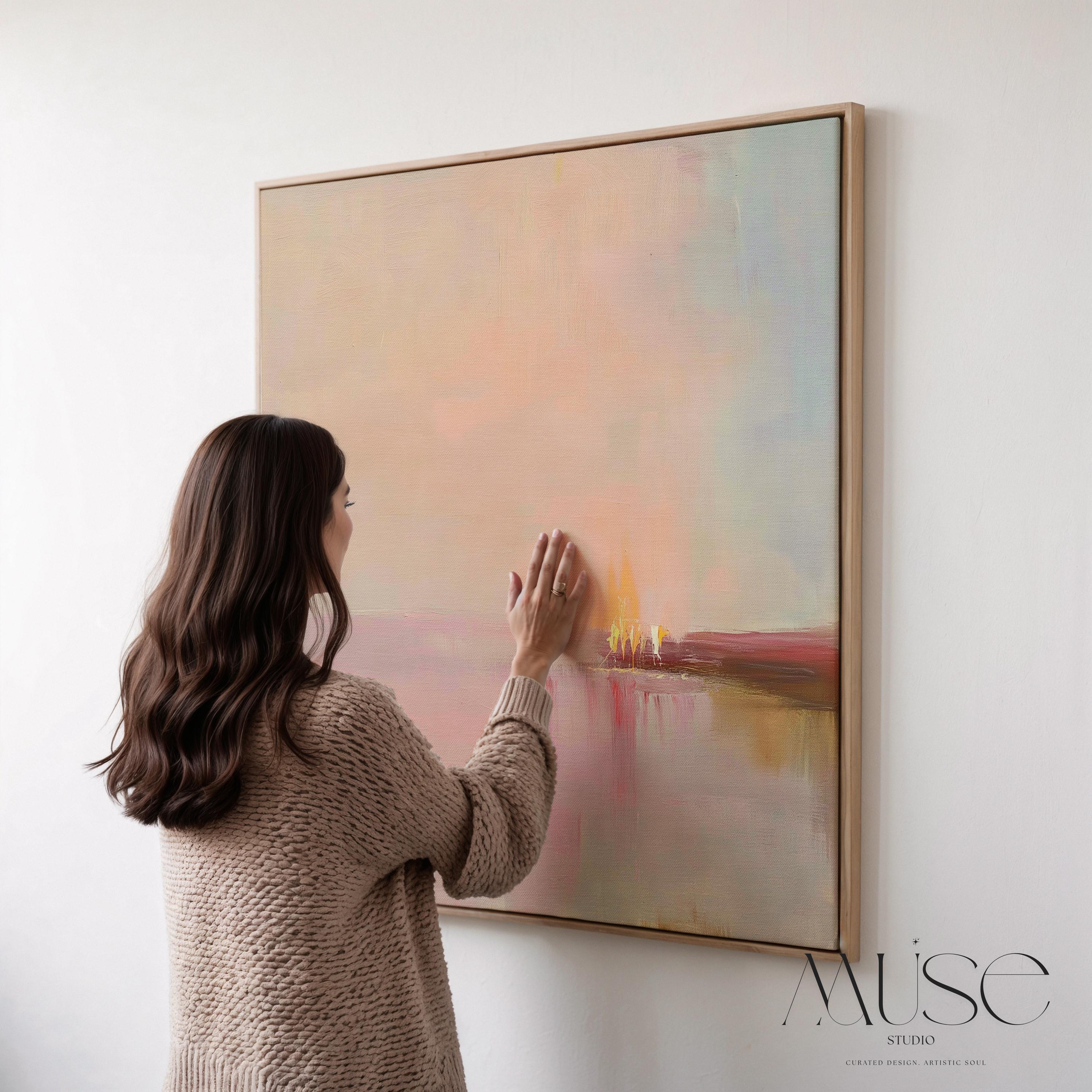 Framed Abstract Canvas Art Blush Pink Horizon Pastel Landscape Soft Glow Warm Minimalist Decor for Dining Room Entryway 461
