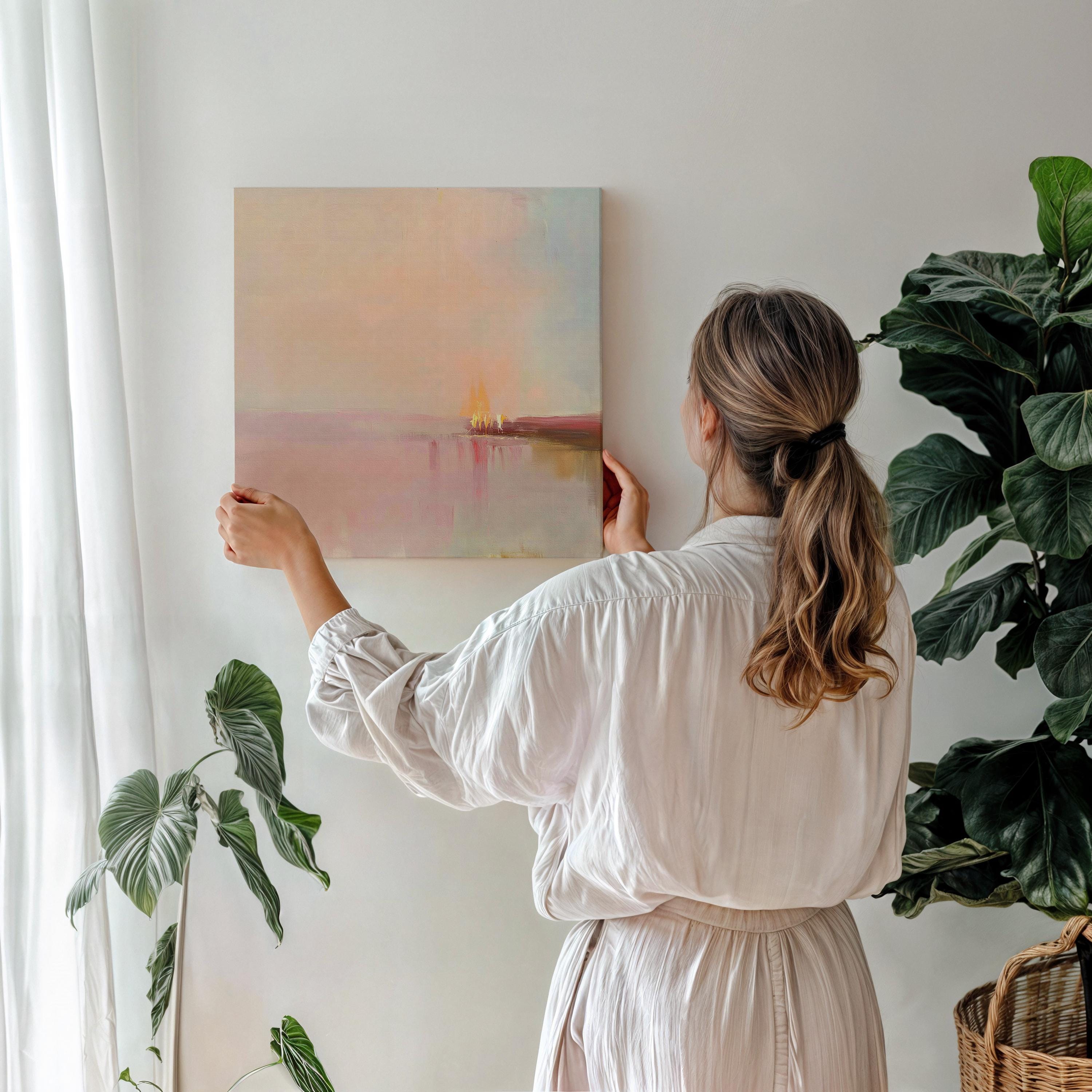 Large Canvas Wall Art Soft Pastel Horizon Abstract Painting Blush Pink Glow Warm Minimalist Decor for Bedroom Dining Room 461