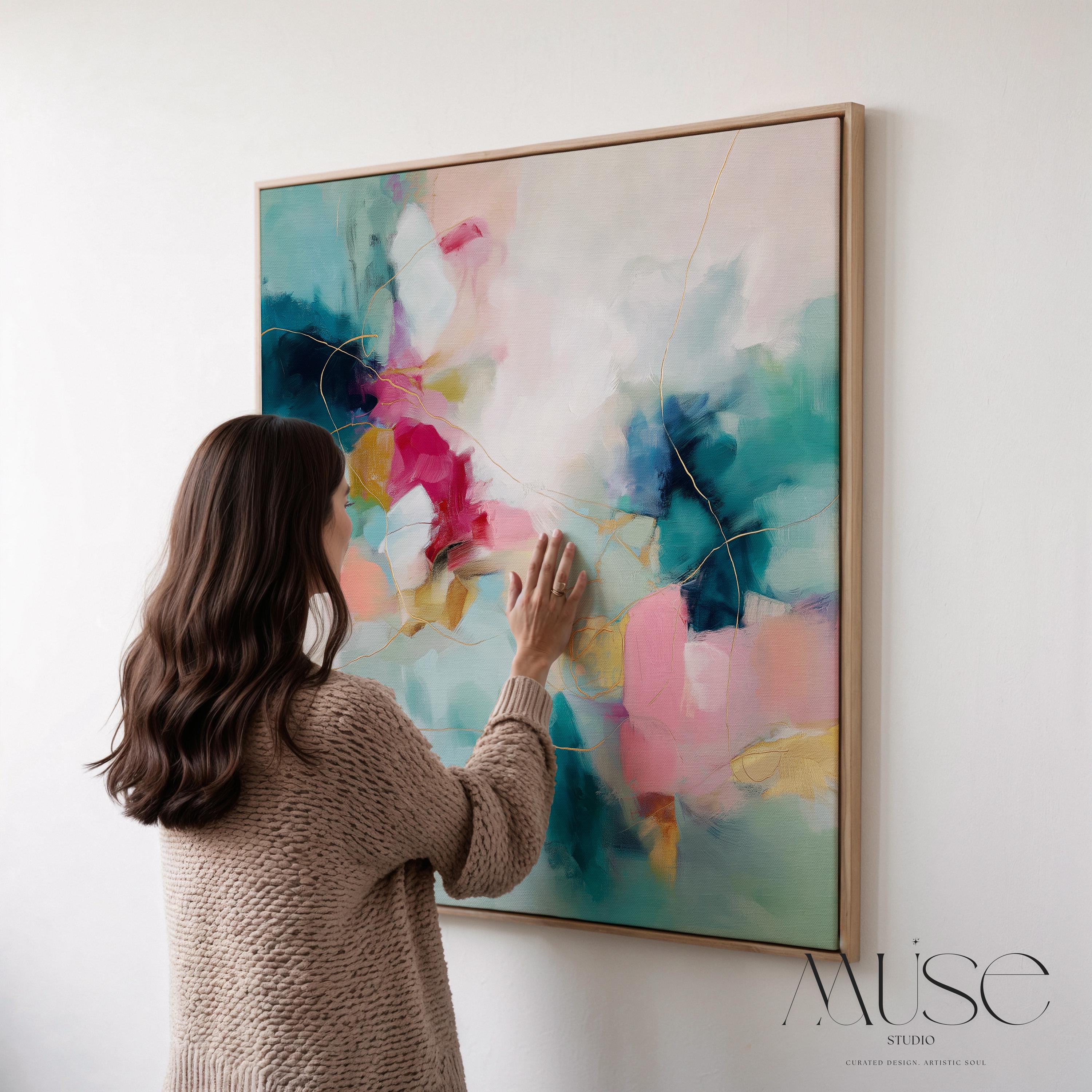 Pink and teal abstract canvas wall art in floating natural wood frame, viewed close-up by a woman in a textured sweater. Bold colors styled for modern bedrooms and creative interiors.