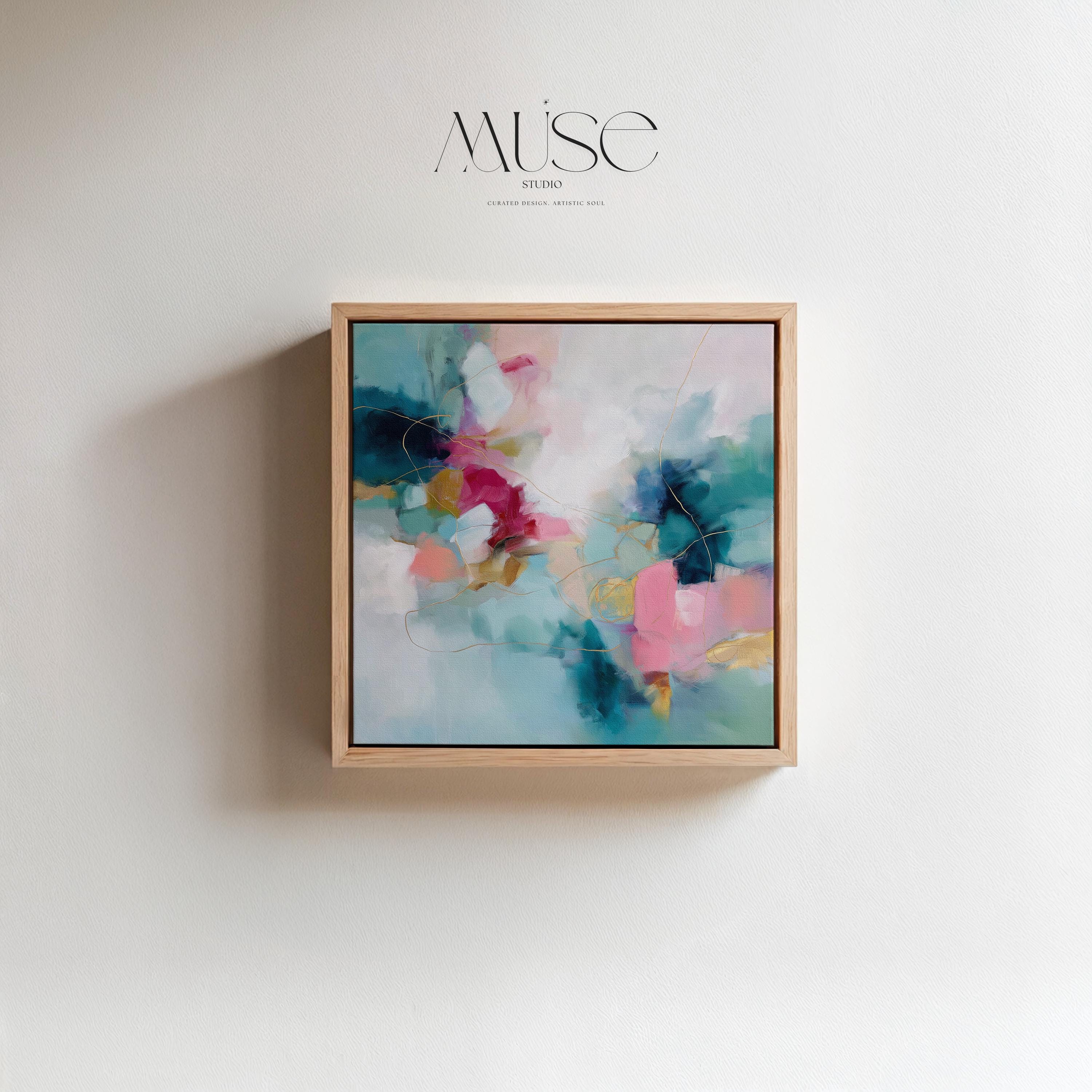 Pink and Teal Abstract Canvas Wall Art, Square Floating Framed Art, XL Dreamy Bedroom Decor, Color Pop Maximalist Painting, MUSE 496