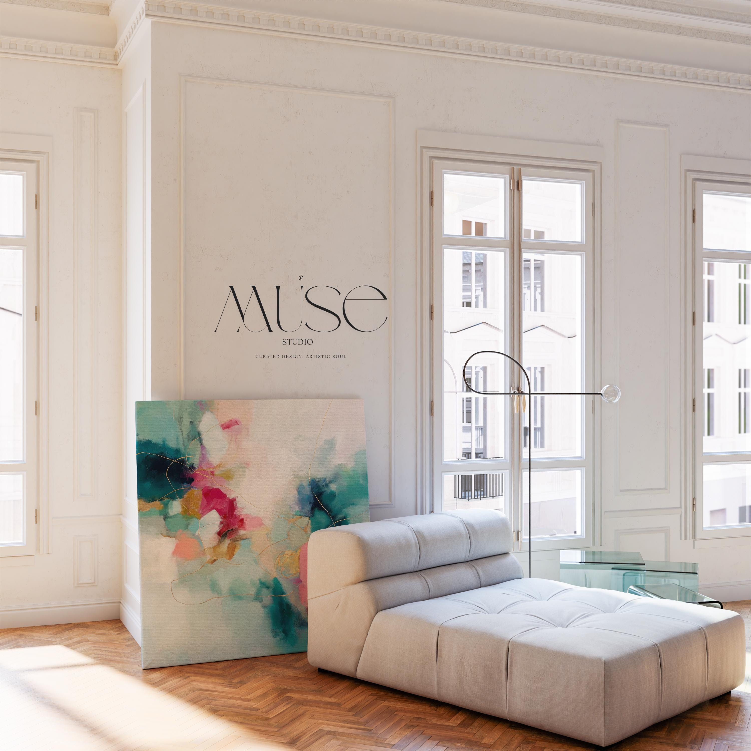 Muse Studio square abstract wall art in pink, teal, fuchsia, and sunlit gold, created with museum-grade giclée inks on premium gallery-wrapped artist canvas or fine art poster, styled for Color Pop Eclectic bedrooms, living rooms, or curated entryways.