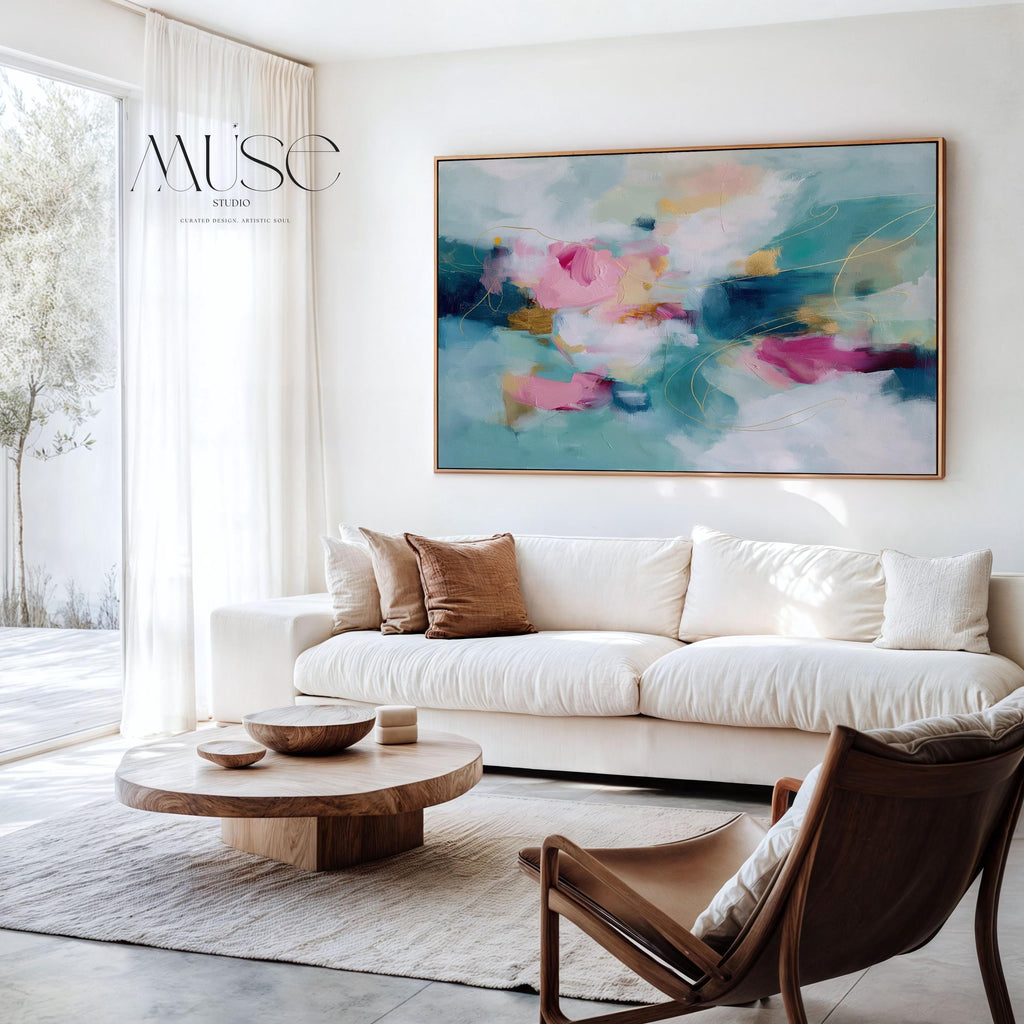 Pink and Teal Canvas Wall Art, Horizontal Floating Framed Art, Large Dreamy Bedroom Decor, Warm Minimalist Statement Painting, MUSE 497 Framed Canvas Art Colorful abstract wall art on framed canvas, perfect for bold decor art and modern wall decor. Large statement piece with expressive brushstrokes and rich textures. Ready-to-hang giclée canvas designed to energize living rooms, offices, bedrooms and curated interiors. Muse Studio Decor Art.