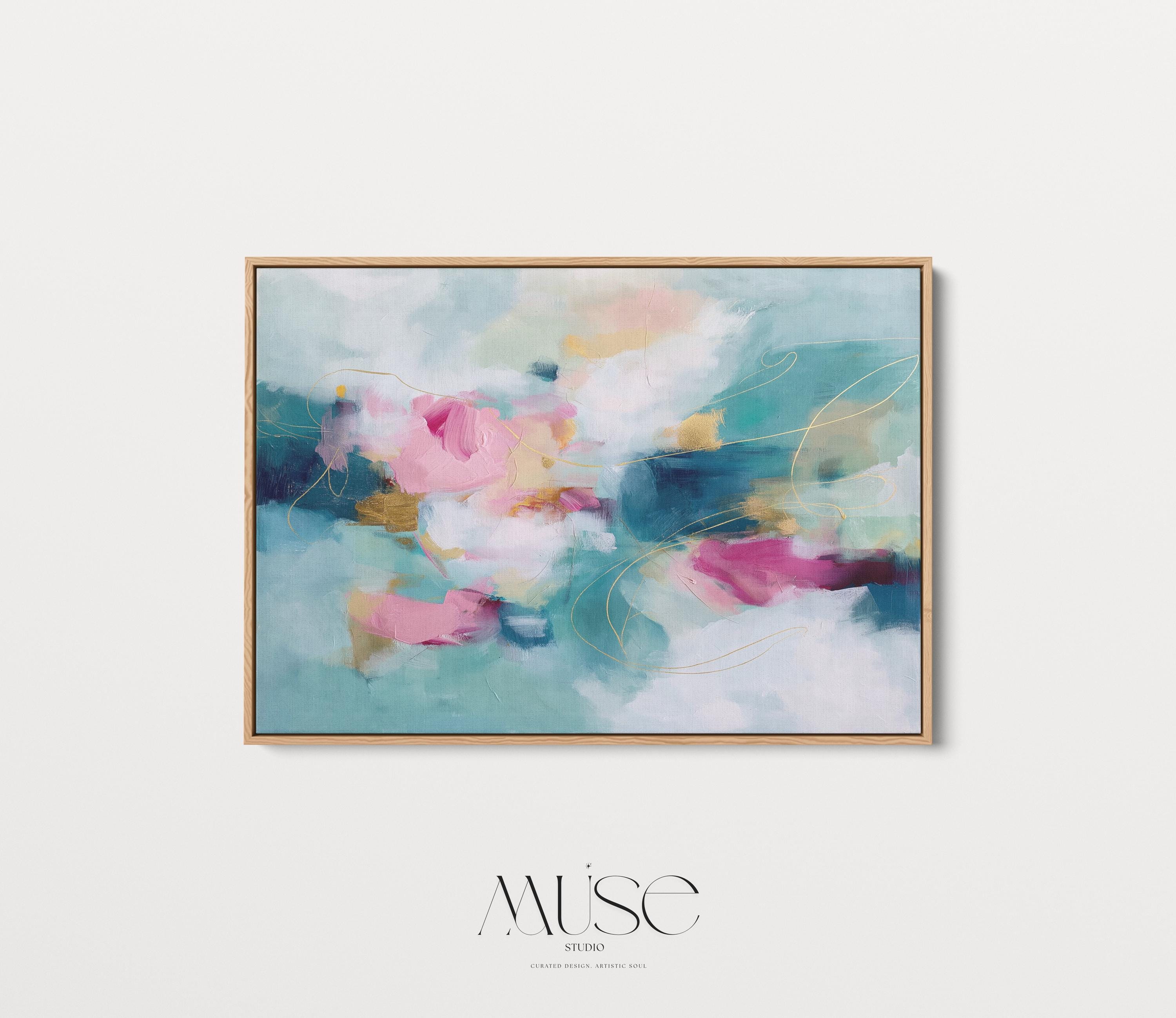 Pink and Teal Canvas Wall Art, Horizontal Floating Framed Art, Large Dreamy Bedroom Decor, Warm Minimalist Statement Painting, MUSE 497