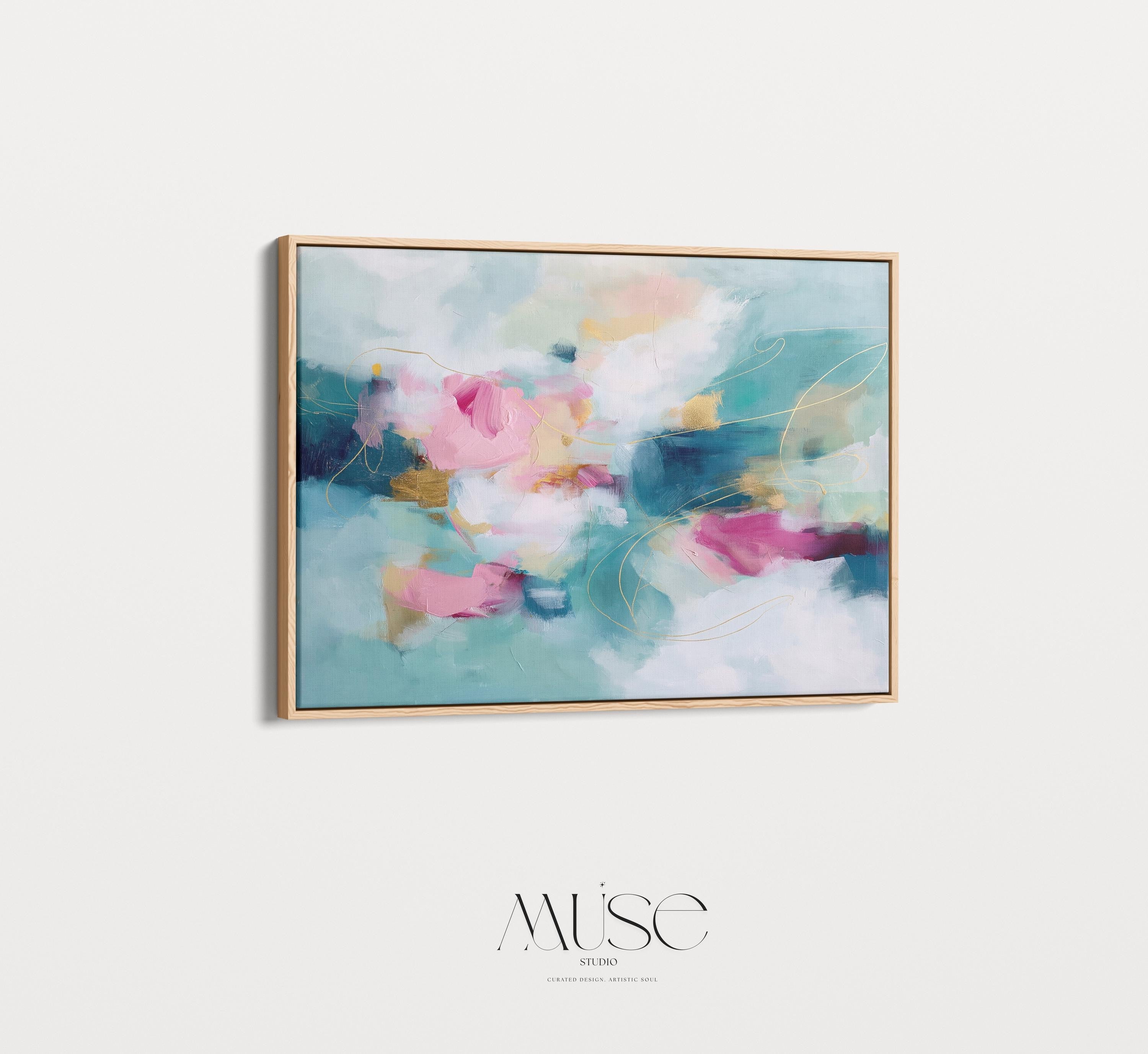 Pink and Teal Canvas Wall Art, Horizontal Floating Framed Art, Large Dreamy Bedroom Decor, Warm Minimalist Statement Painting, MUSE 497