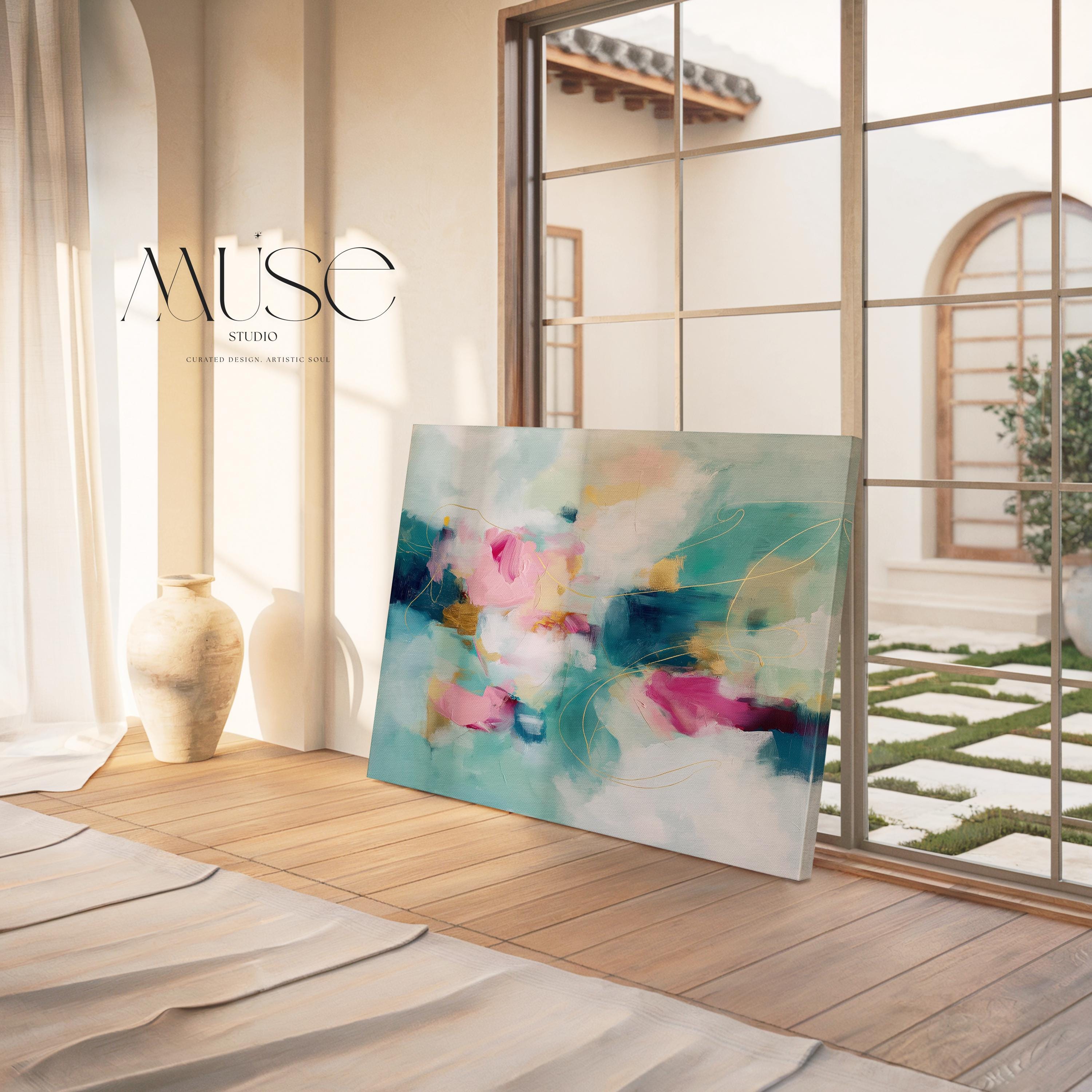 Pink and Teal Canvas Wall Art, Horizontal Abstract Painting, Oversized Dreamy Bedroom Decor, Warm Minimalist Statement Artwork, MUSE 497 Stretched Canvas Art Large abstract wall decor on stretched canvas, gallery-wrapped and ready to hang. Perfect for colorful wall art in living rooms, office spaces, and design projects. Giclée canvas print with bold brushwork and vibrant modern style for impactful home decor. Muse Studio Decor Art.
